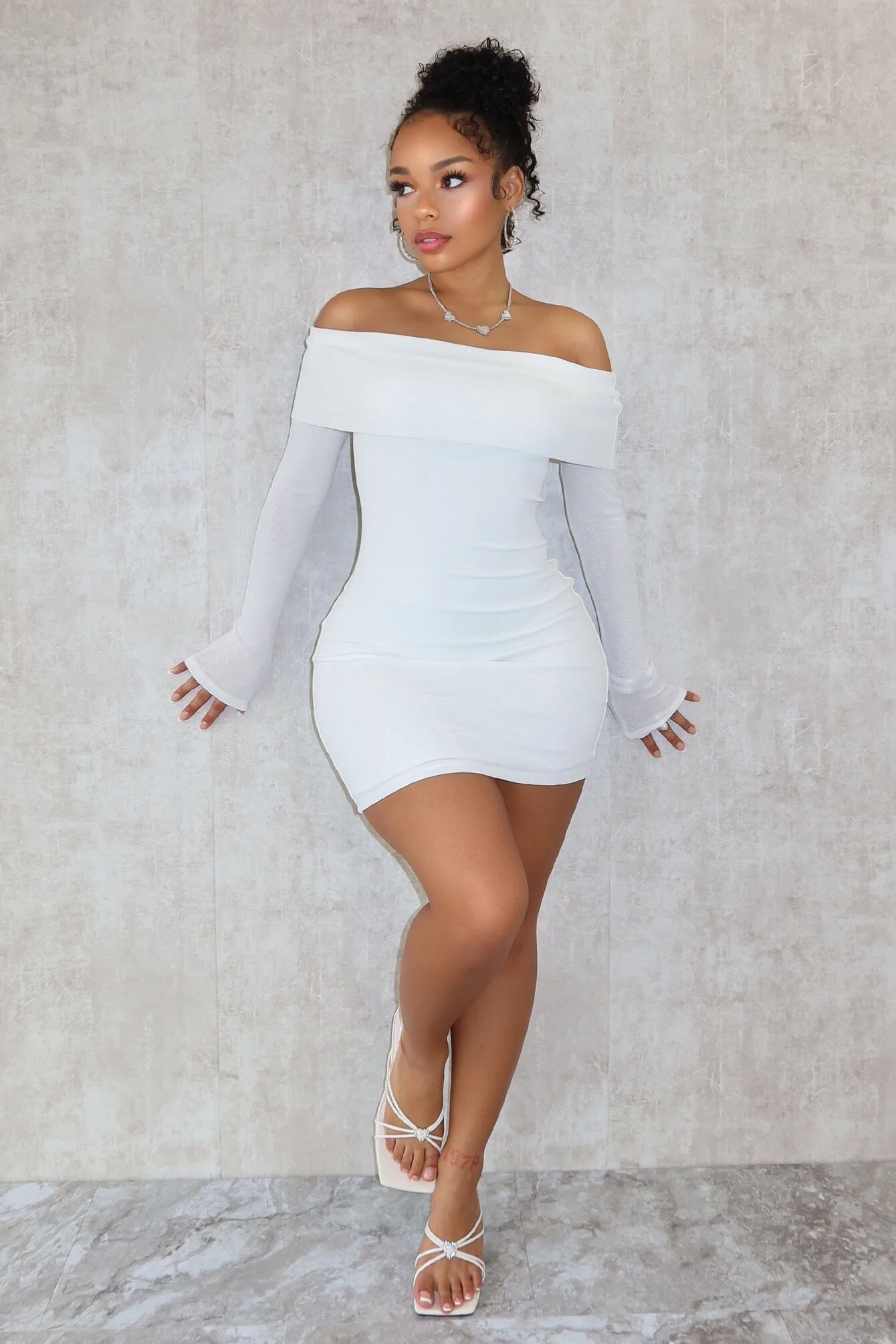 A Classic Off Shoulder Long Sleeve Mini Dress - Image 3