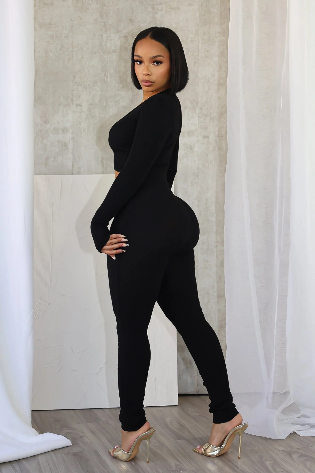 Adellia Ribbed Knit Deep V-Neck Jumpsuit - Image 4