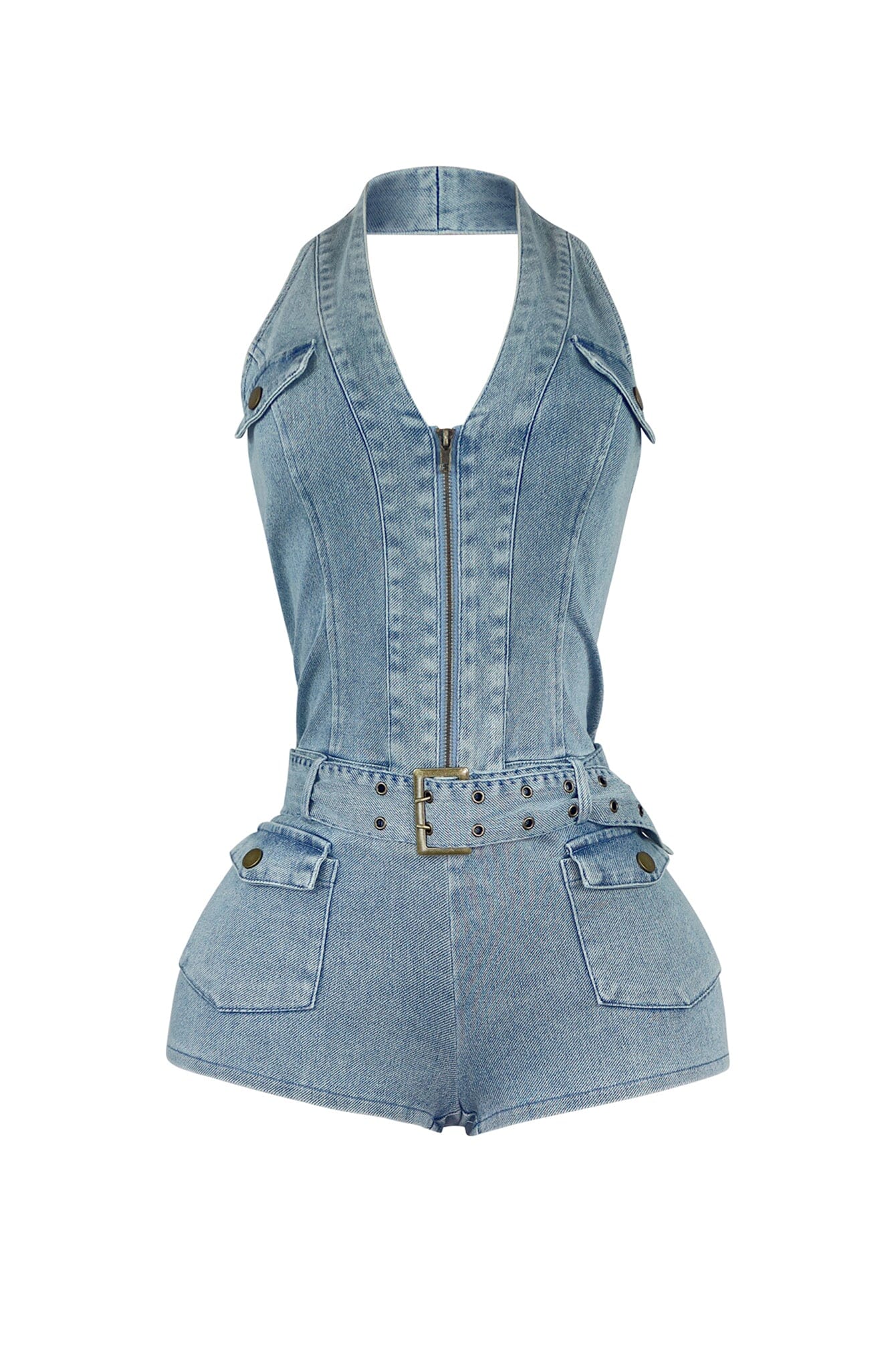 Afina Washed Denim Halter Belted Romper - Image 4