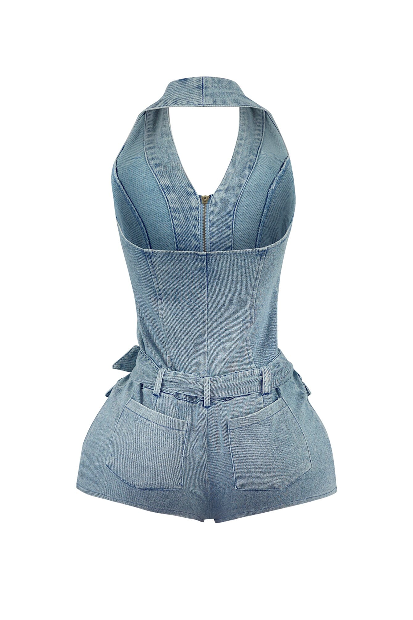 Afina Washed Denim Halter Belted Romper - Image 6
