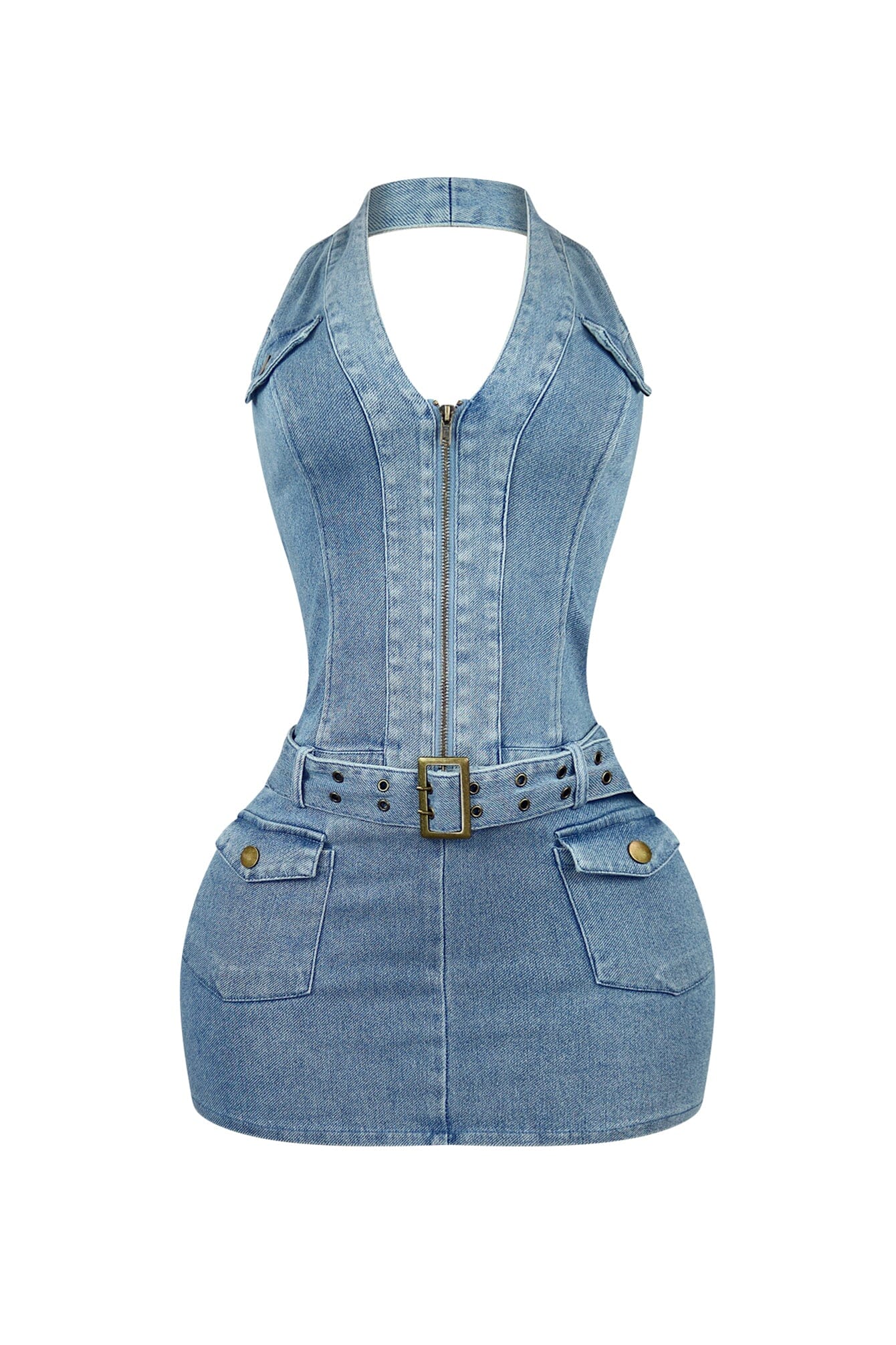 Alice Halter Denim Belt Mini Dress - Image 4