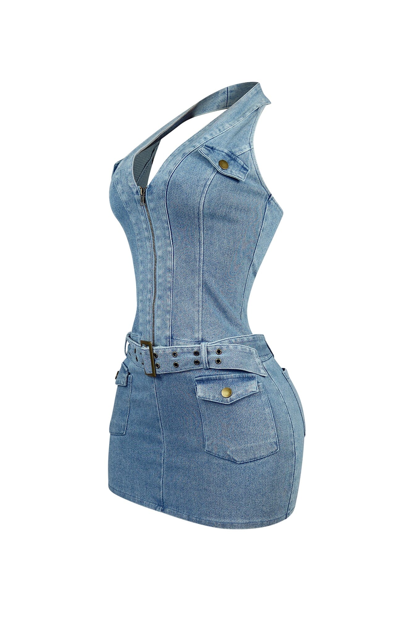 Alice Halter Denim Belt Mini Dress - Image 5