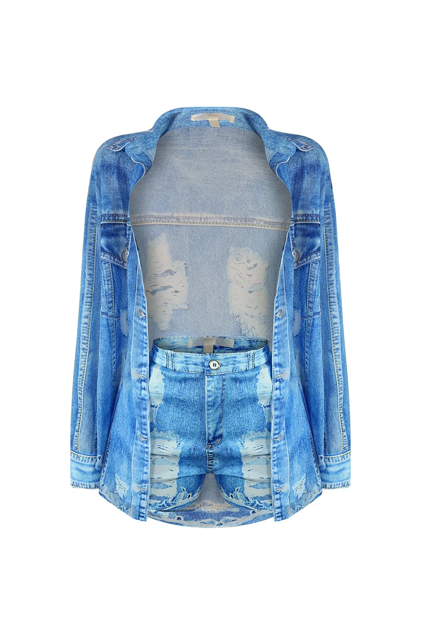 All In Denim Printed Shirt & Shorts SET - Image 5