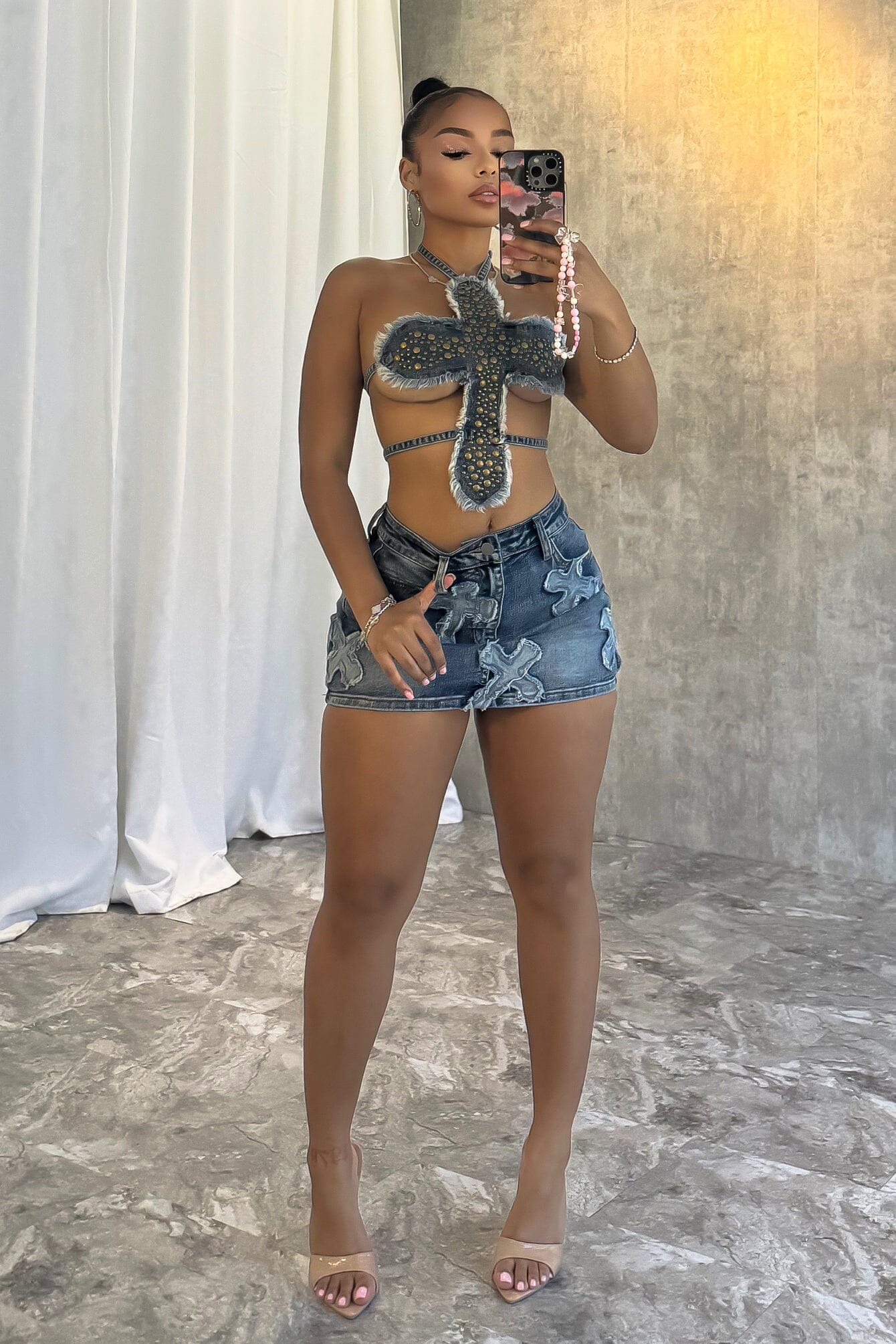 Always Be Cool Stud Halter Denim Top - Image 2