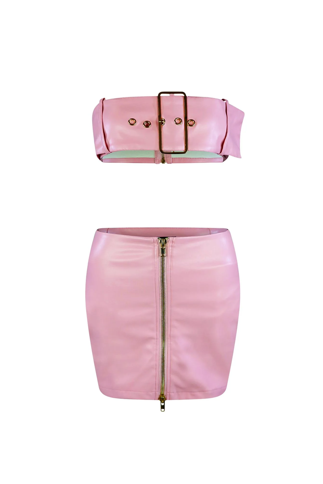 Angel Pink PU Belted Top & Skirt SET - Image 4