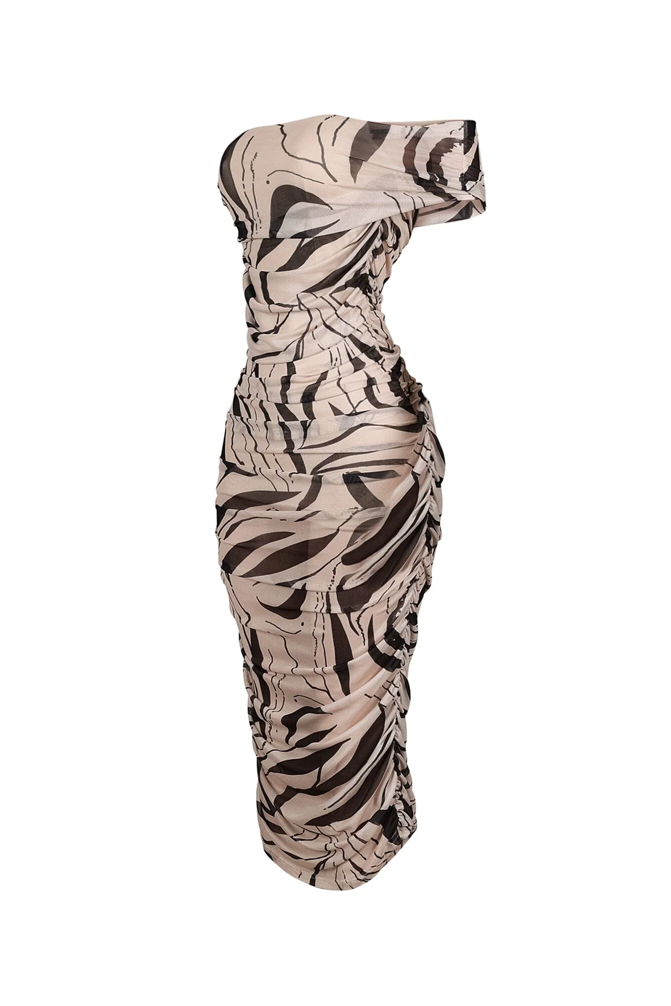 Araceli Mesh Zebra Printed Ruched Midi Dress - Image 4