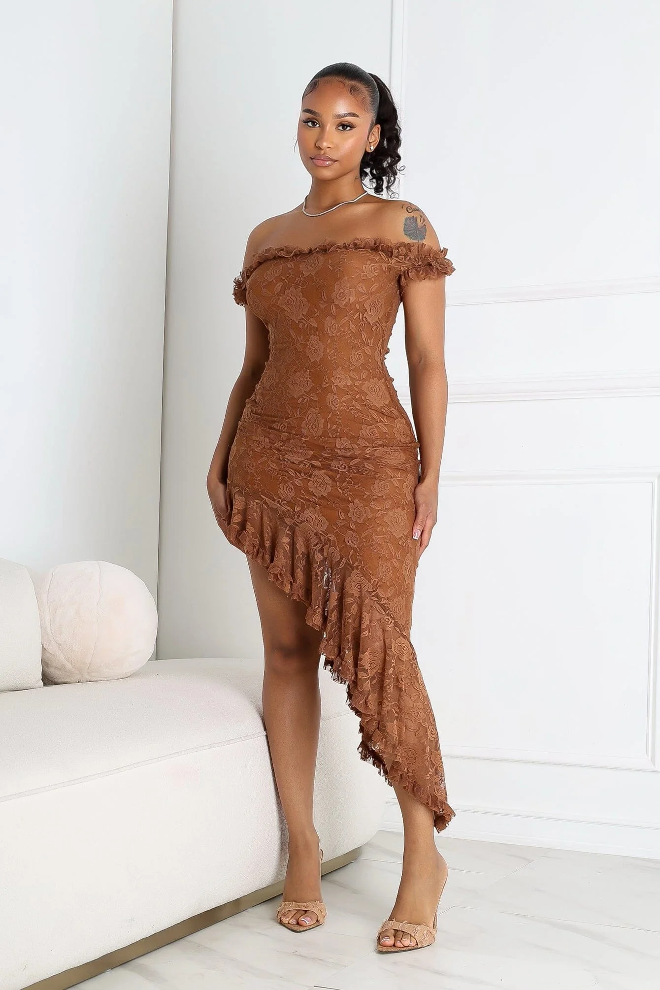 Asym Ruffle Muse Off Shoulder Midi Dress - Image 2