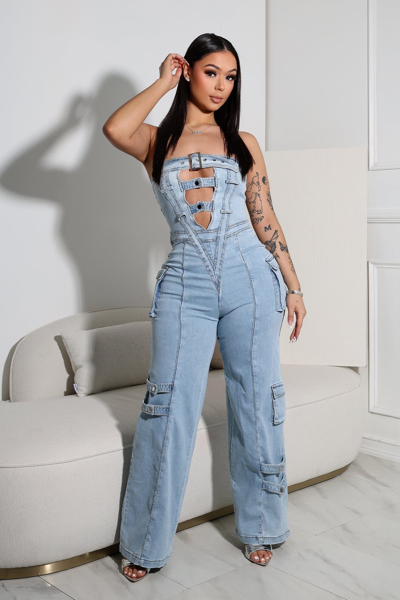 Ayla Washed Denim Cut Out Jumpsuit - Image 5
