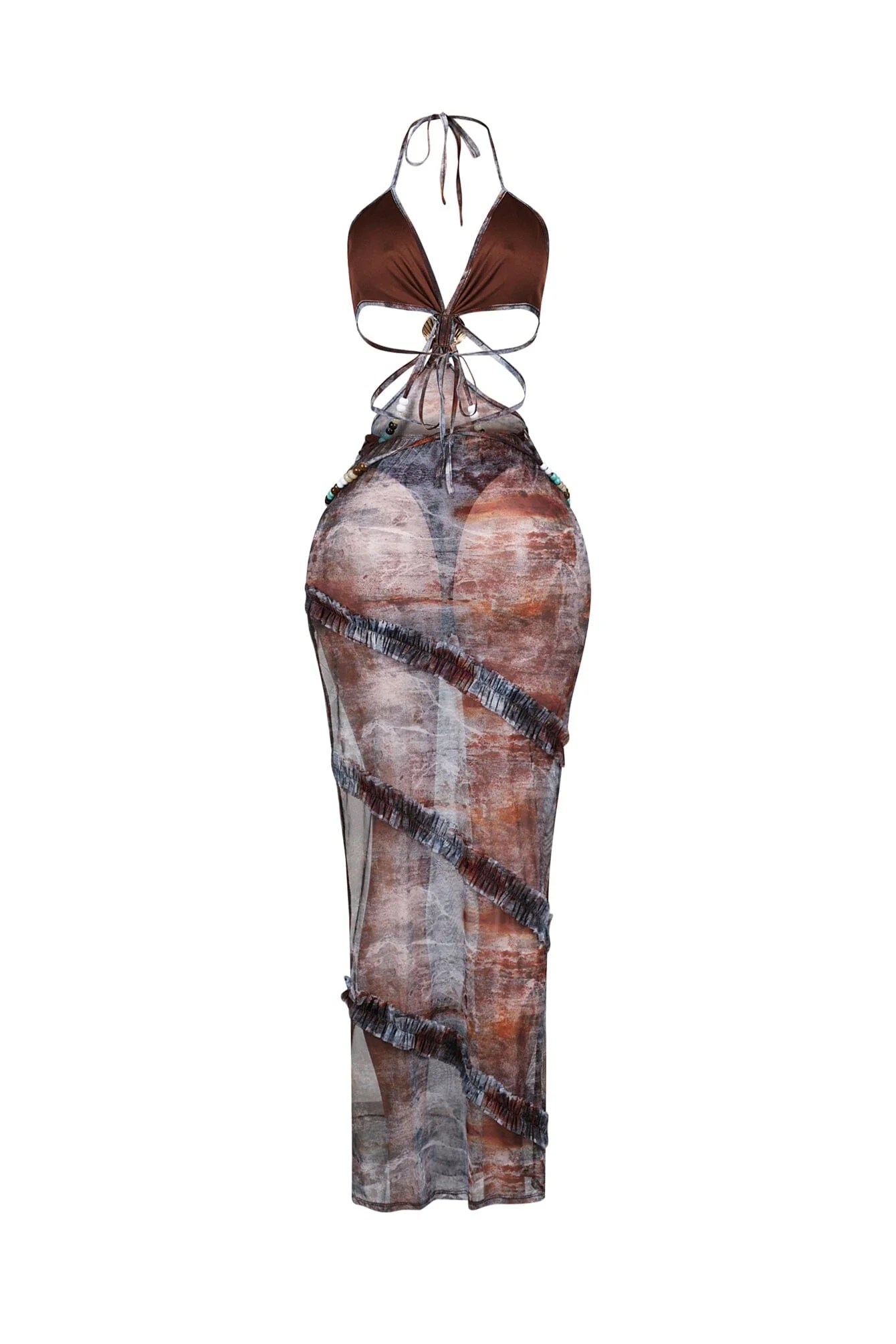 Beaded Seashell Mesh Halter Maxi Dress - Image 6