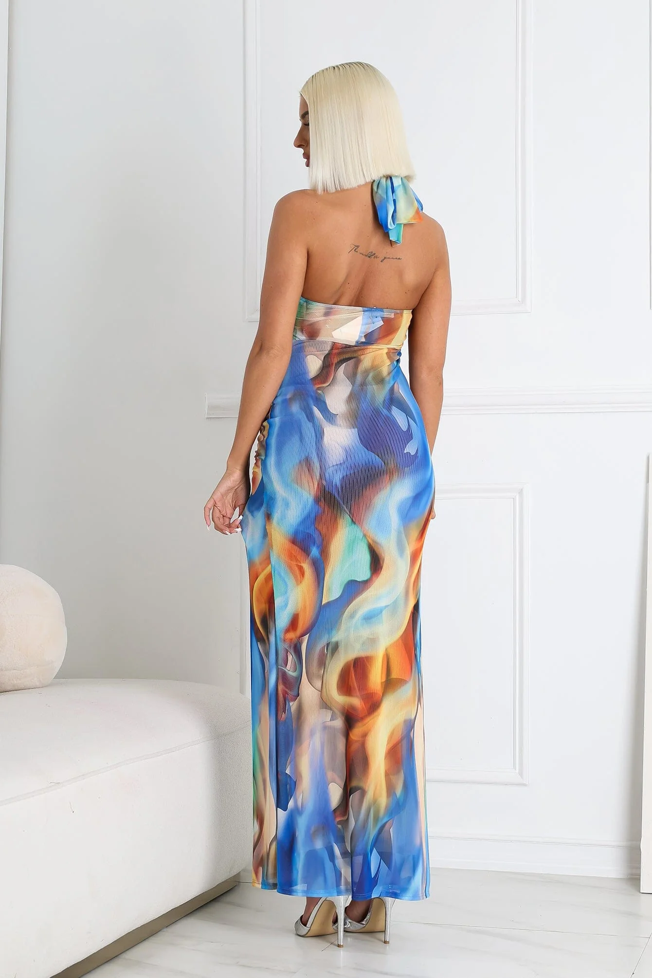 Blue Marble Printed Mesh Halter Dress - Image 2