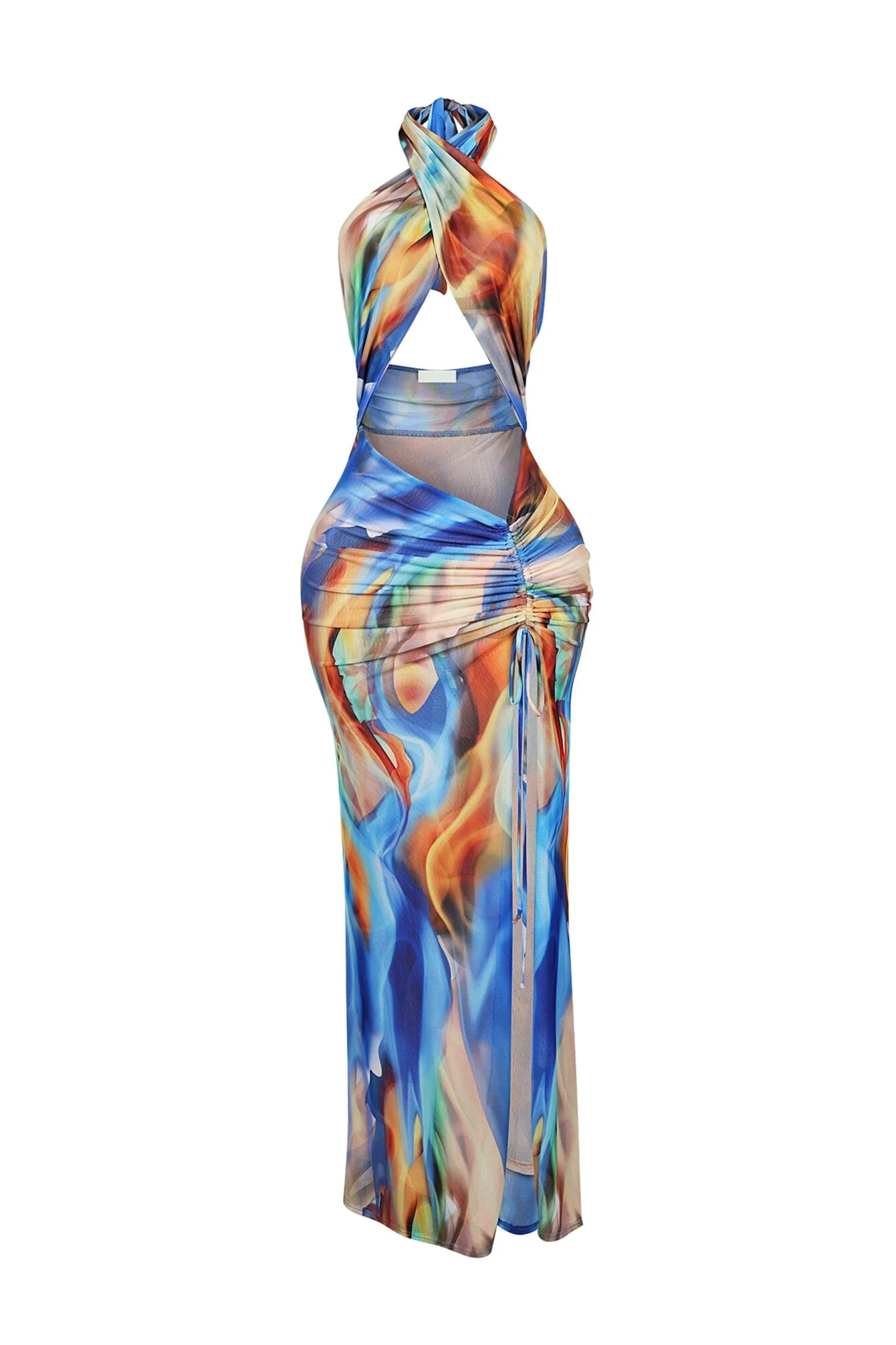 Blue Marble Printed Mesh Halter Dress - Image 4