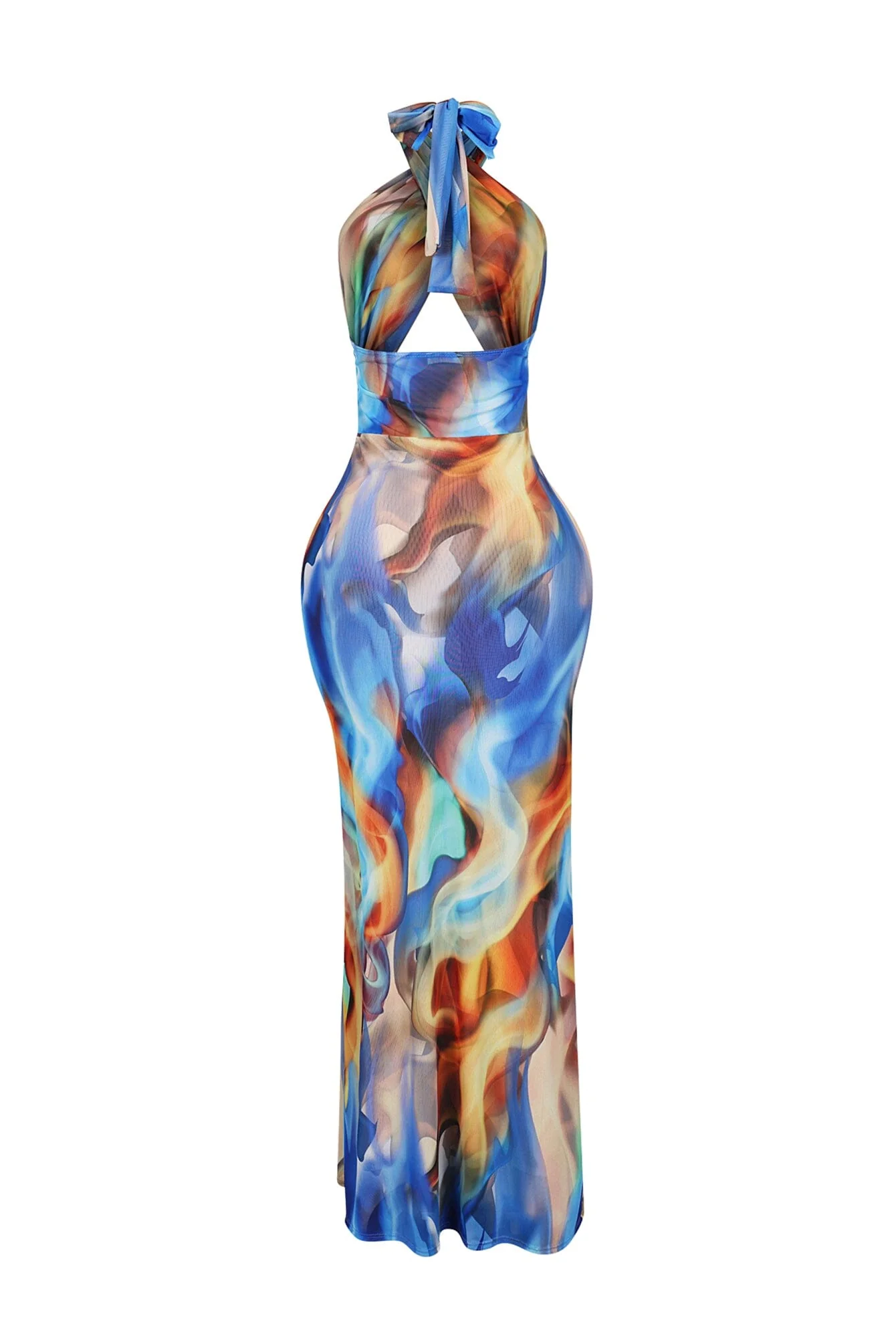 Blue Marble Printed Mesh Halter Dress - Image 6