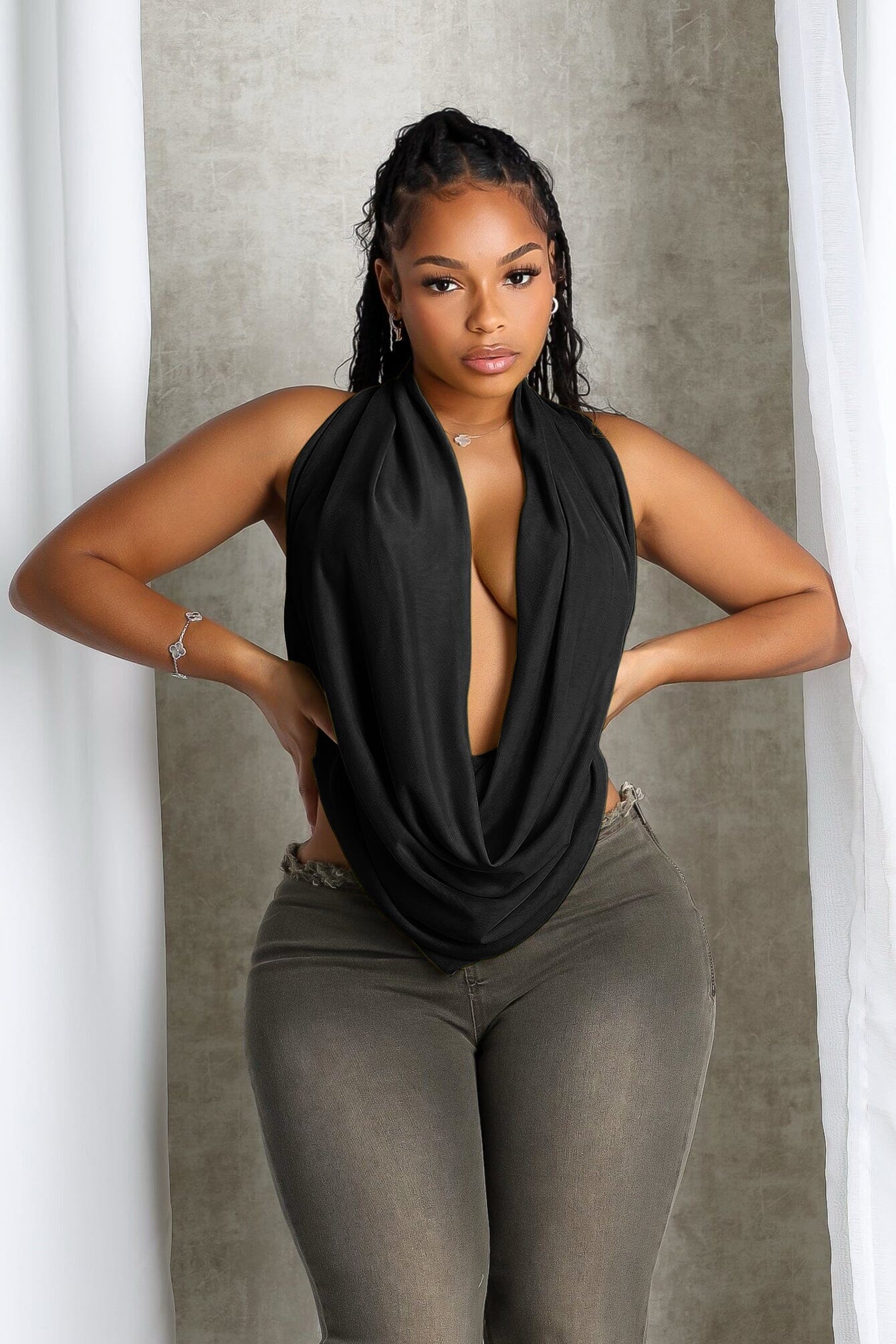 Cascading Mesh Cowl Neck Tie Top - Image 3