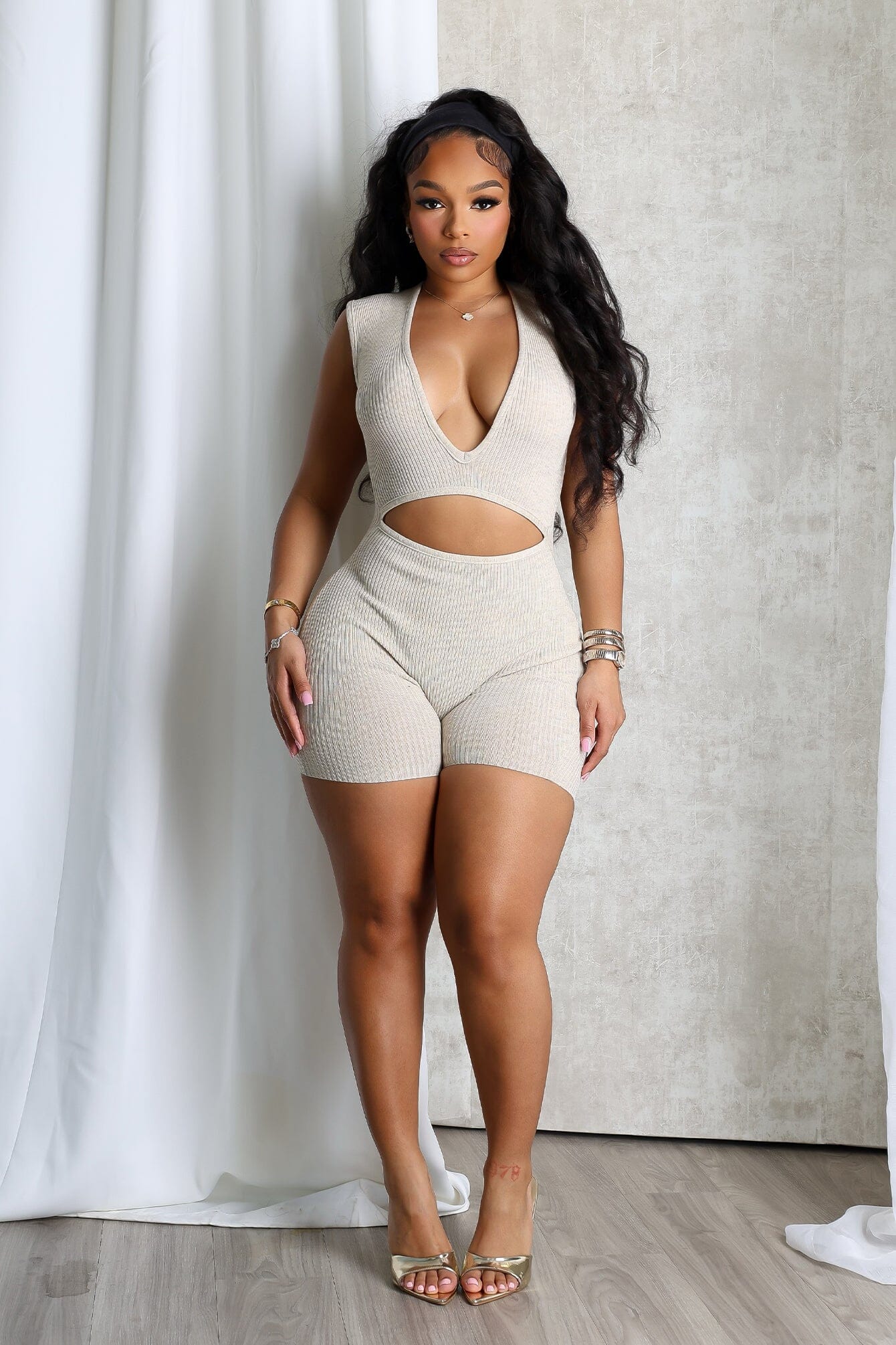 Clara Knit Deep V Neck Ribbed Romper - Image 2