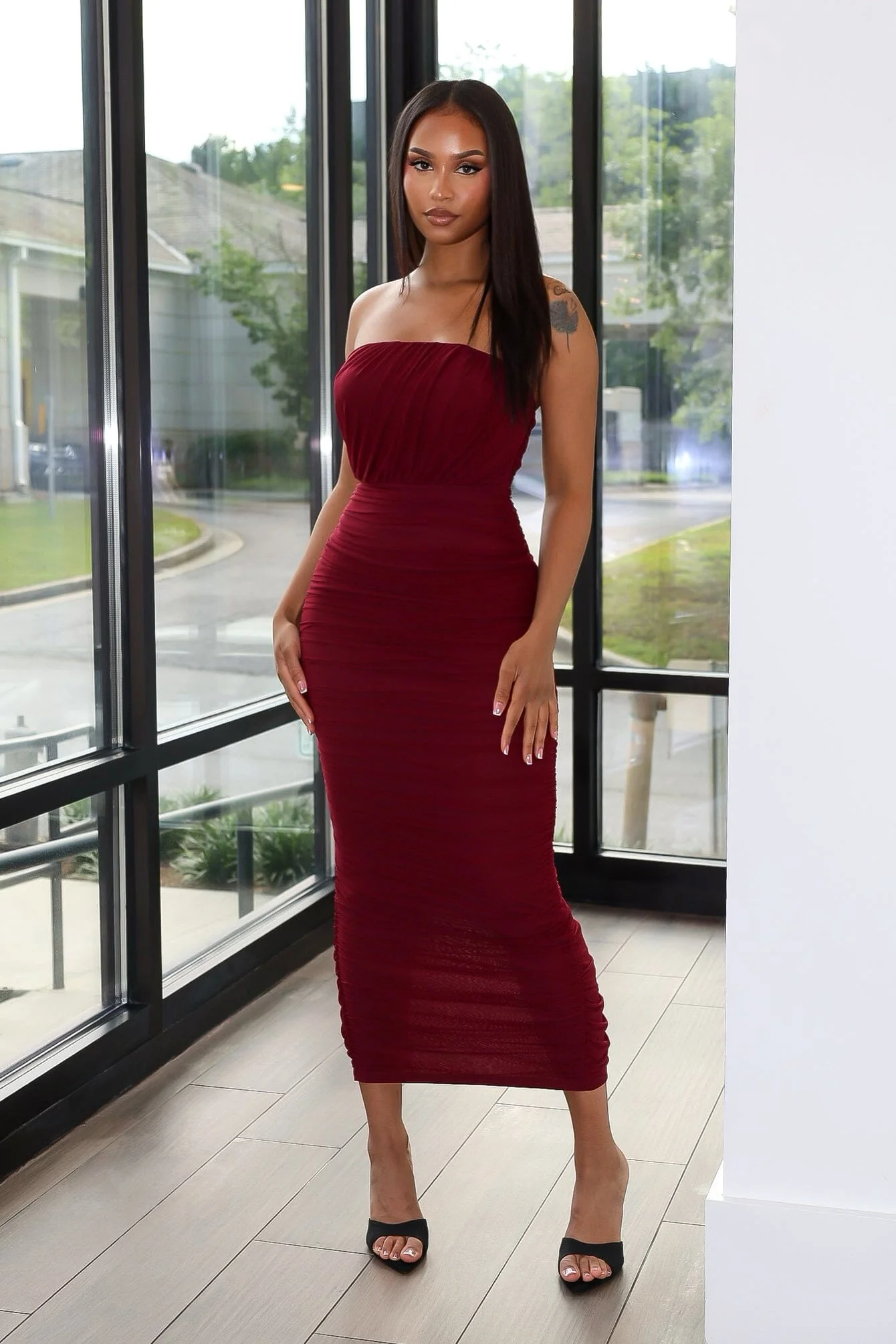 Cloudruch Ruched Mesh Tube Midi Dress - Image 2