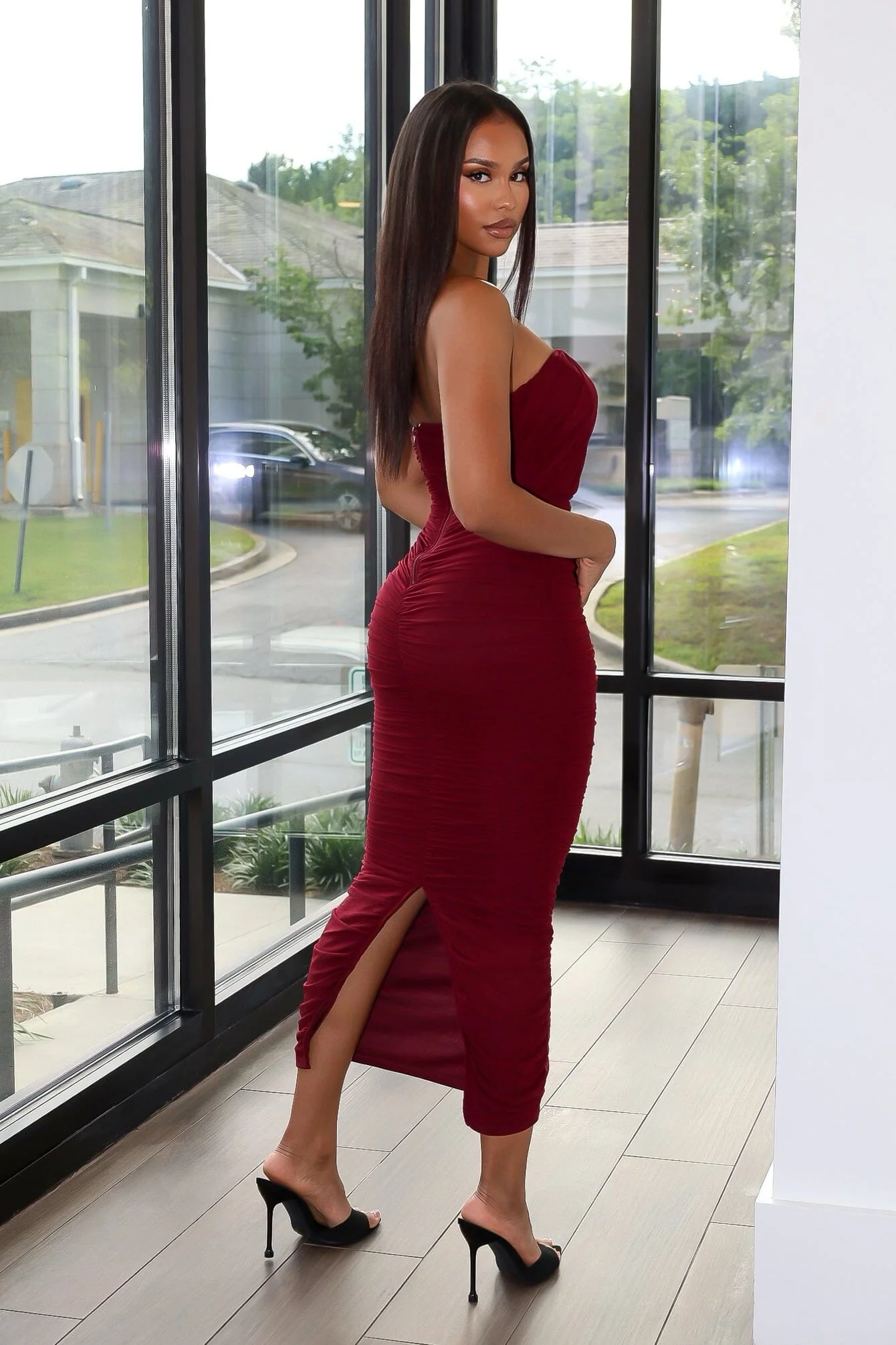 Cloudruch Ruched Mesh Tube Midi Dress - Image 3