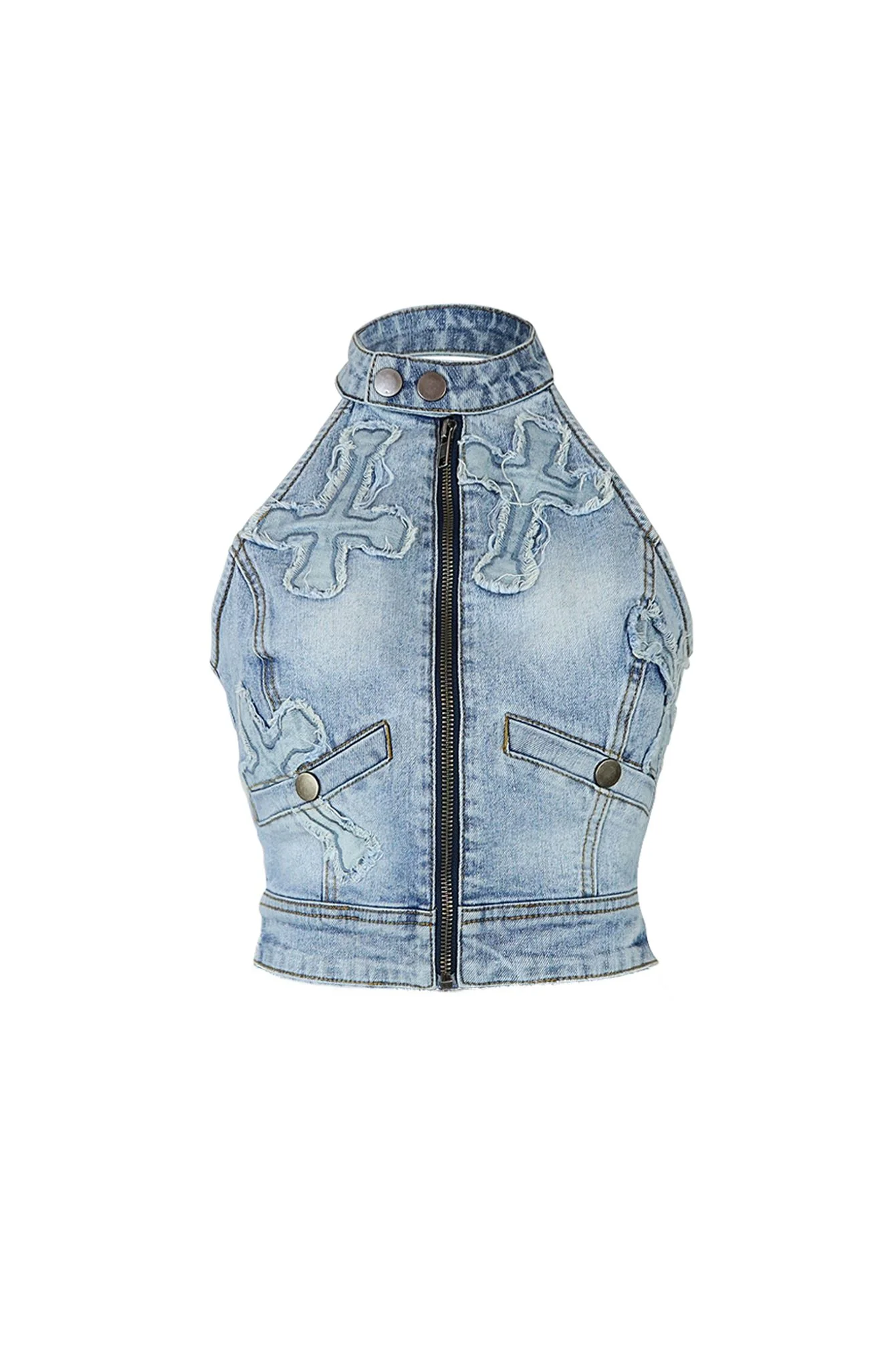 Cross Your Mind Patched Denim Halter Top - Image 3