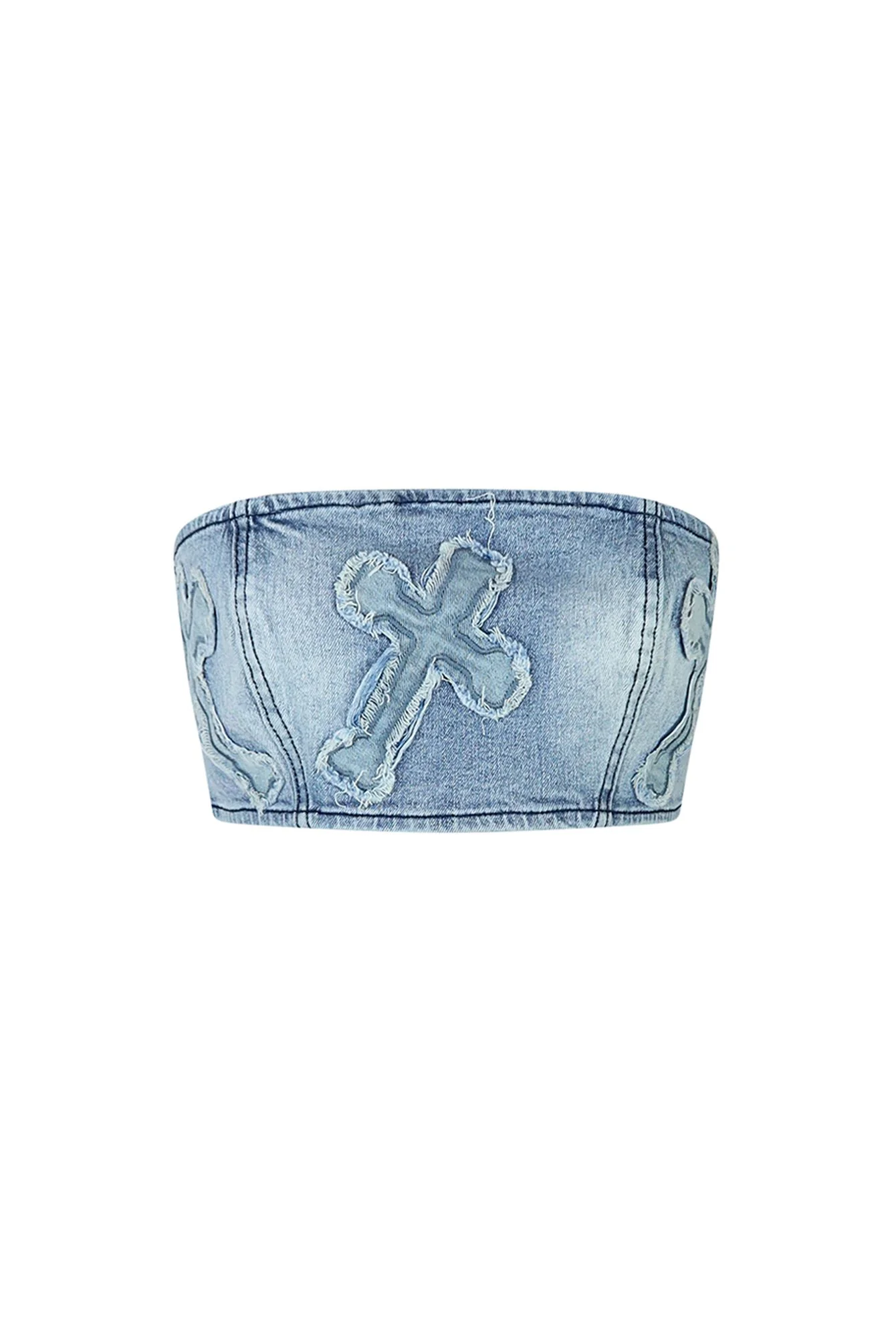 Cross Your Mind Patched Denim Tube Top - Image 3