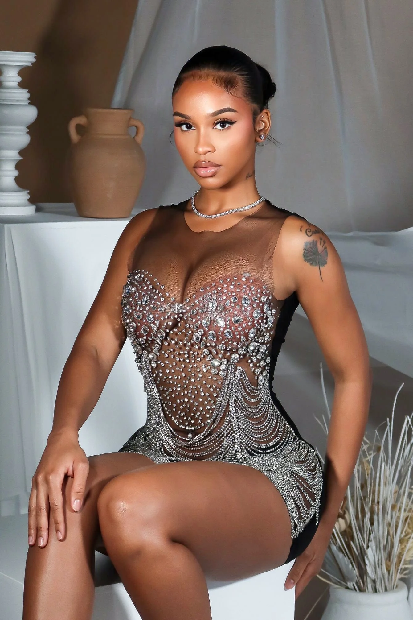 Crystal Contrast Mesh Mini Dress - Image 4