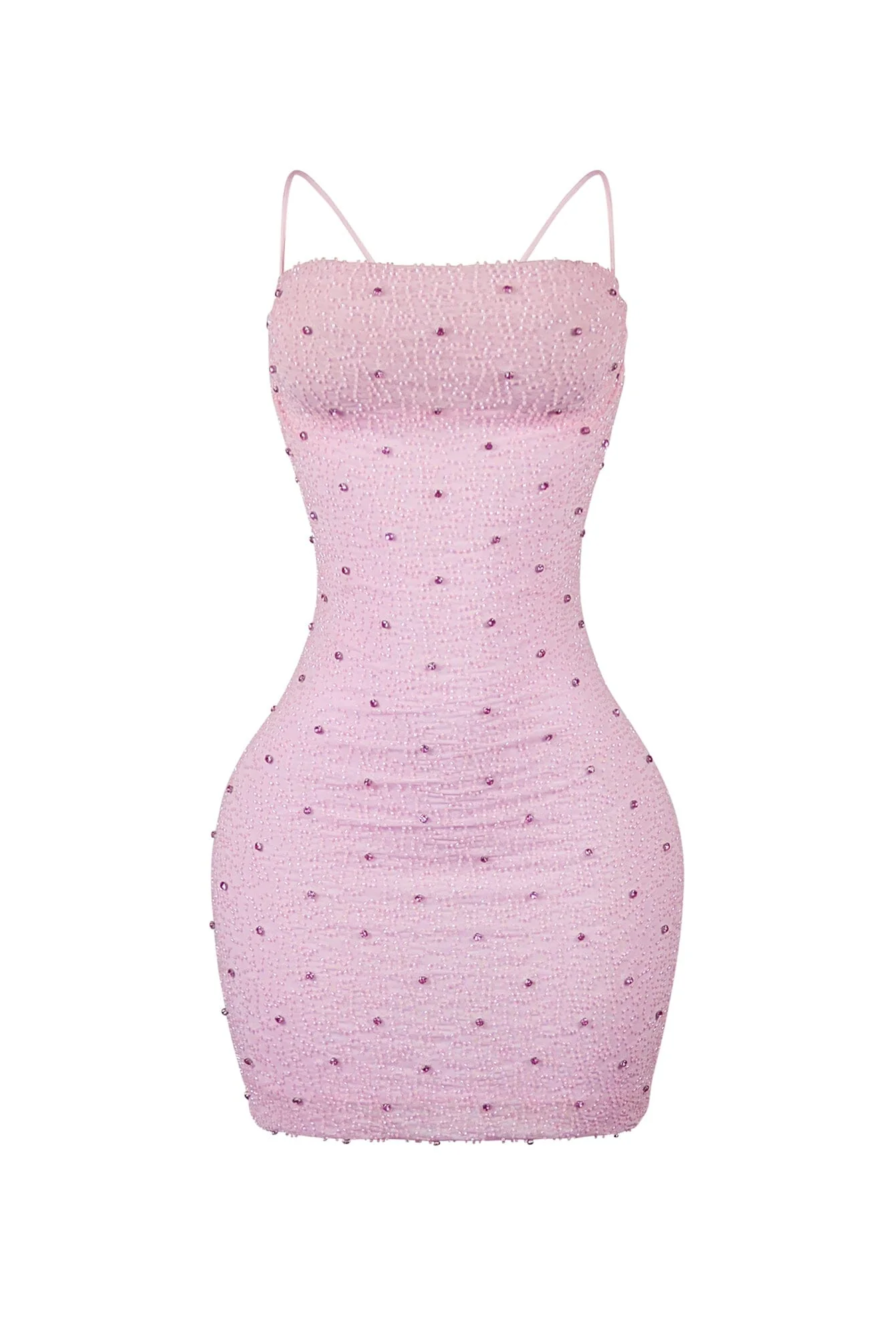 Delicate Blush Cowl Neck Rhinestone Mini Dress - Image 2