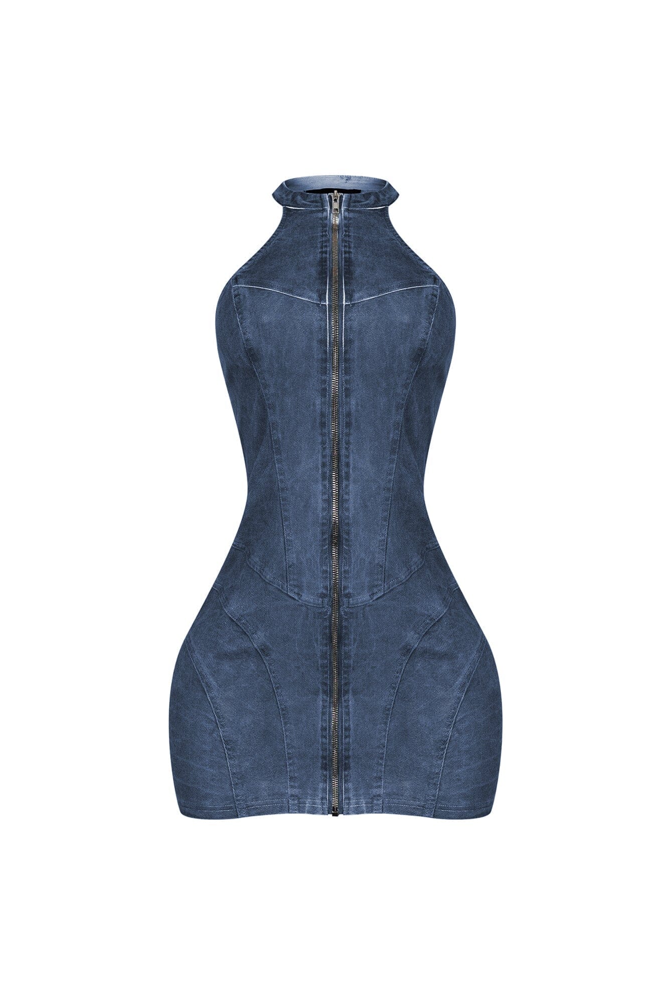 Denim Washed Halter Zip Up Mini Dress - Image 5