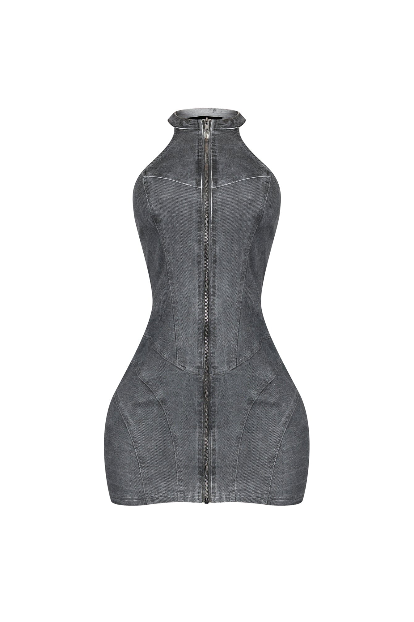 Denim Washed Halter Zip Up Mini Dress - Image 6