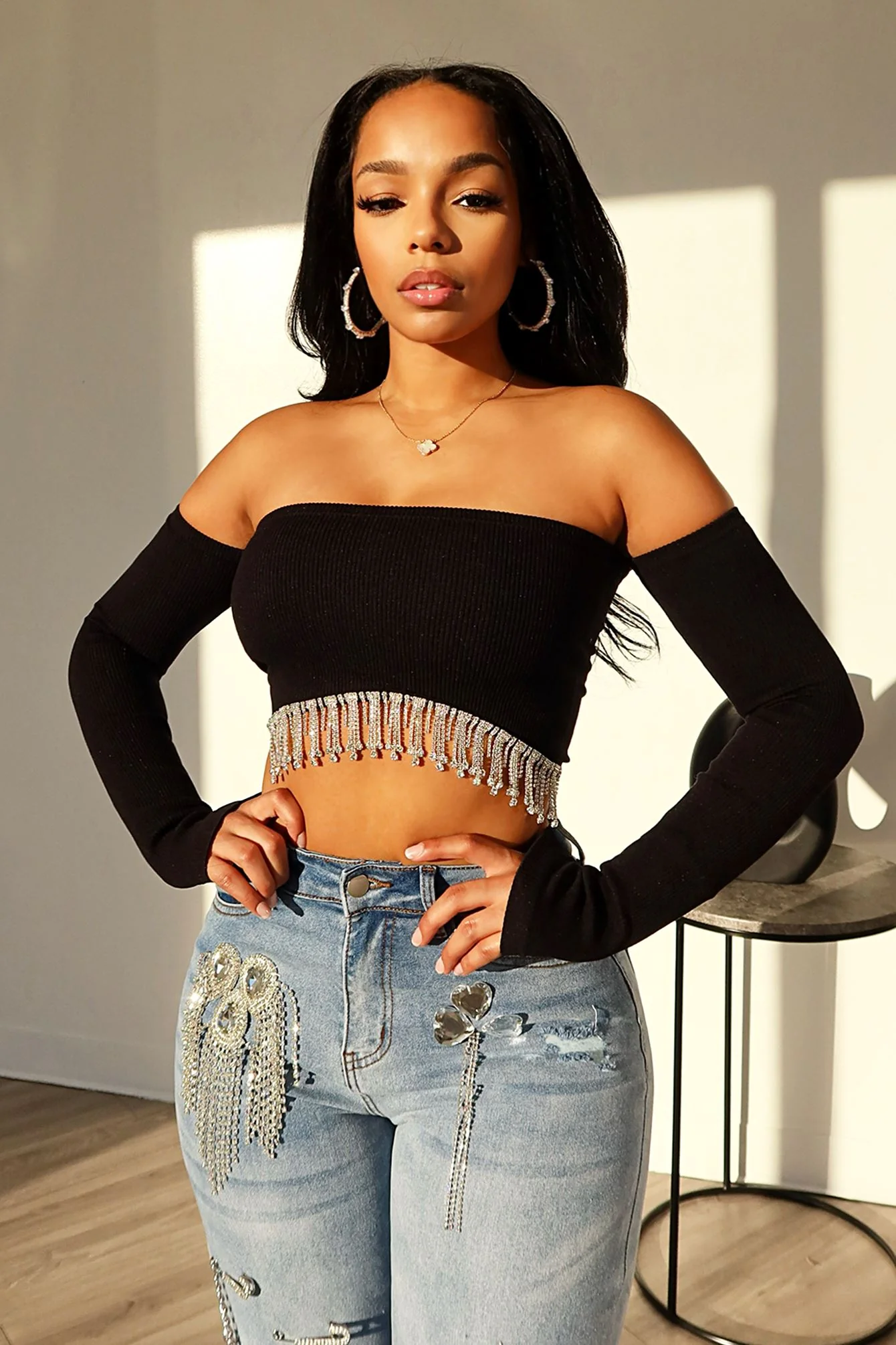 Divas Dancing Rhinestone Fringe Crop Top - Image 2