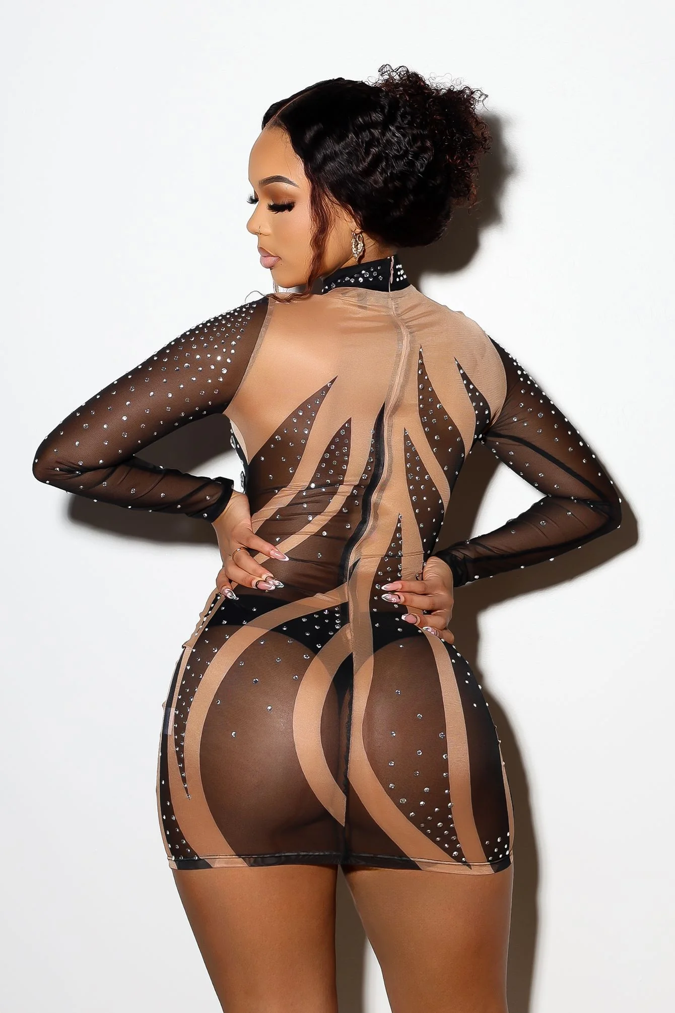 Elira Long Sleeve Rhinestone Mesh Dress - Image 2