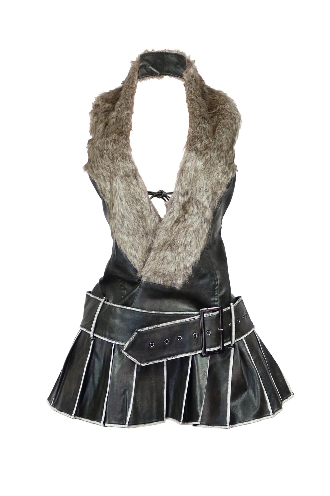 Elle Faux Leather Fur Halter Mini Dress - Image 3