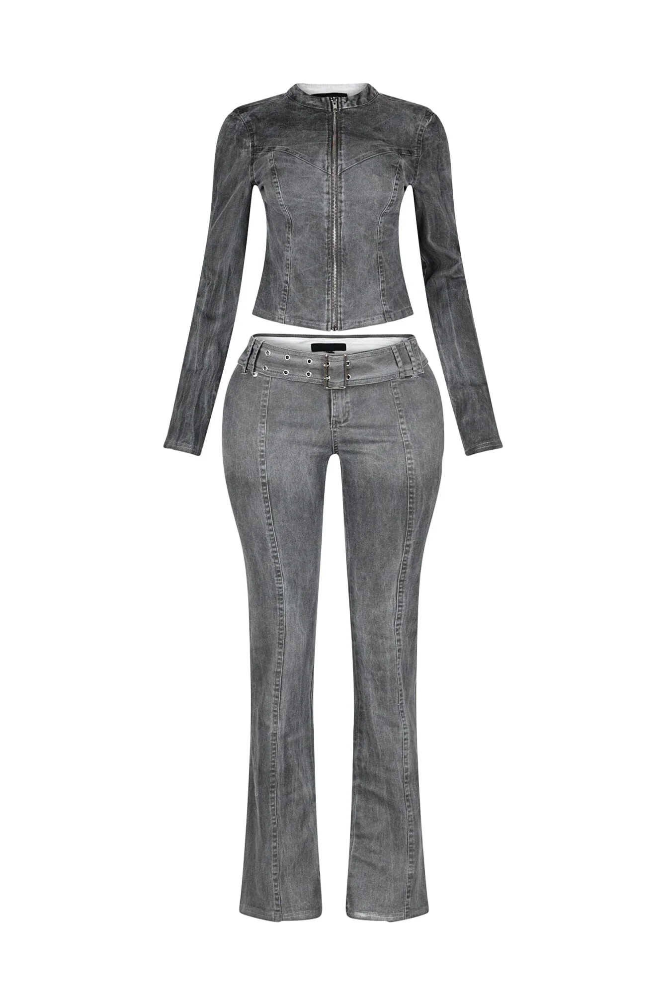 Euni Washed Denim Zip Up Top & Pants SET - Image 3