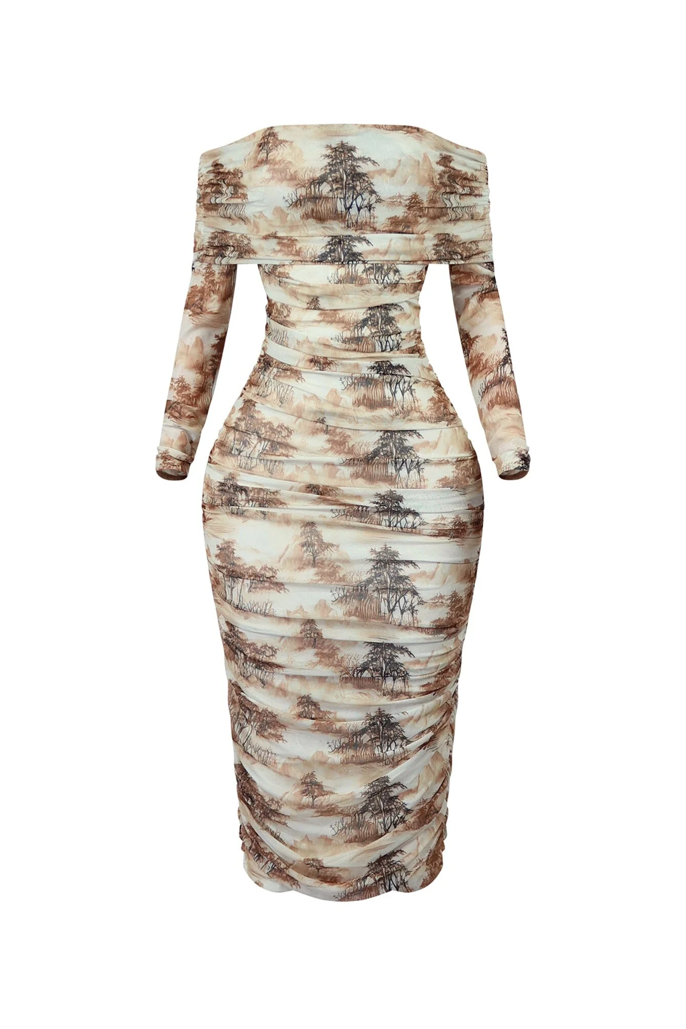 Everson Print Mesh Ruched Off Shoulder Long Sleeve Midi Dress - Image 3