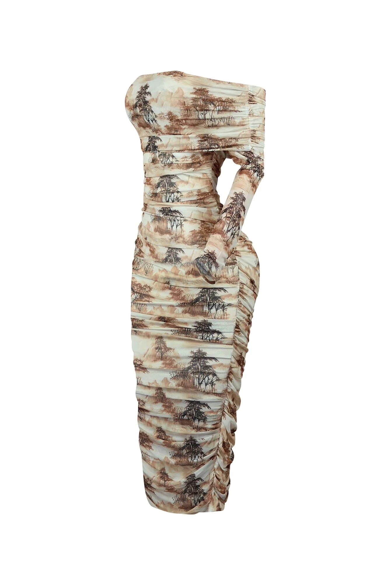 Everson Print Mesh Ruched Off Shoulder Long Sleeve Midi Dress - Image 4