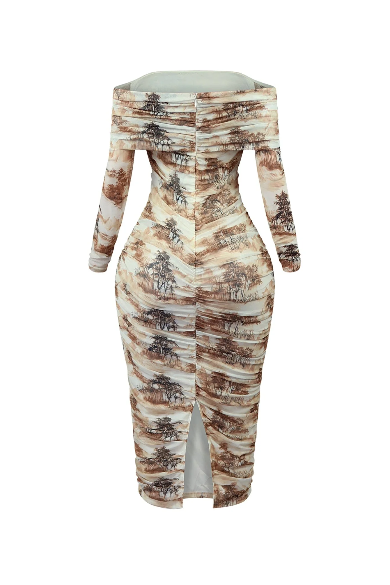 Everson Print Mesh Ruched Off Shoulder Long Sleeve Midi Dress - Image 5