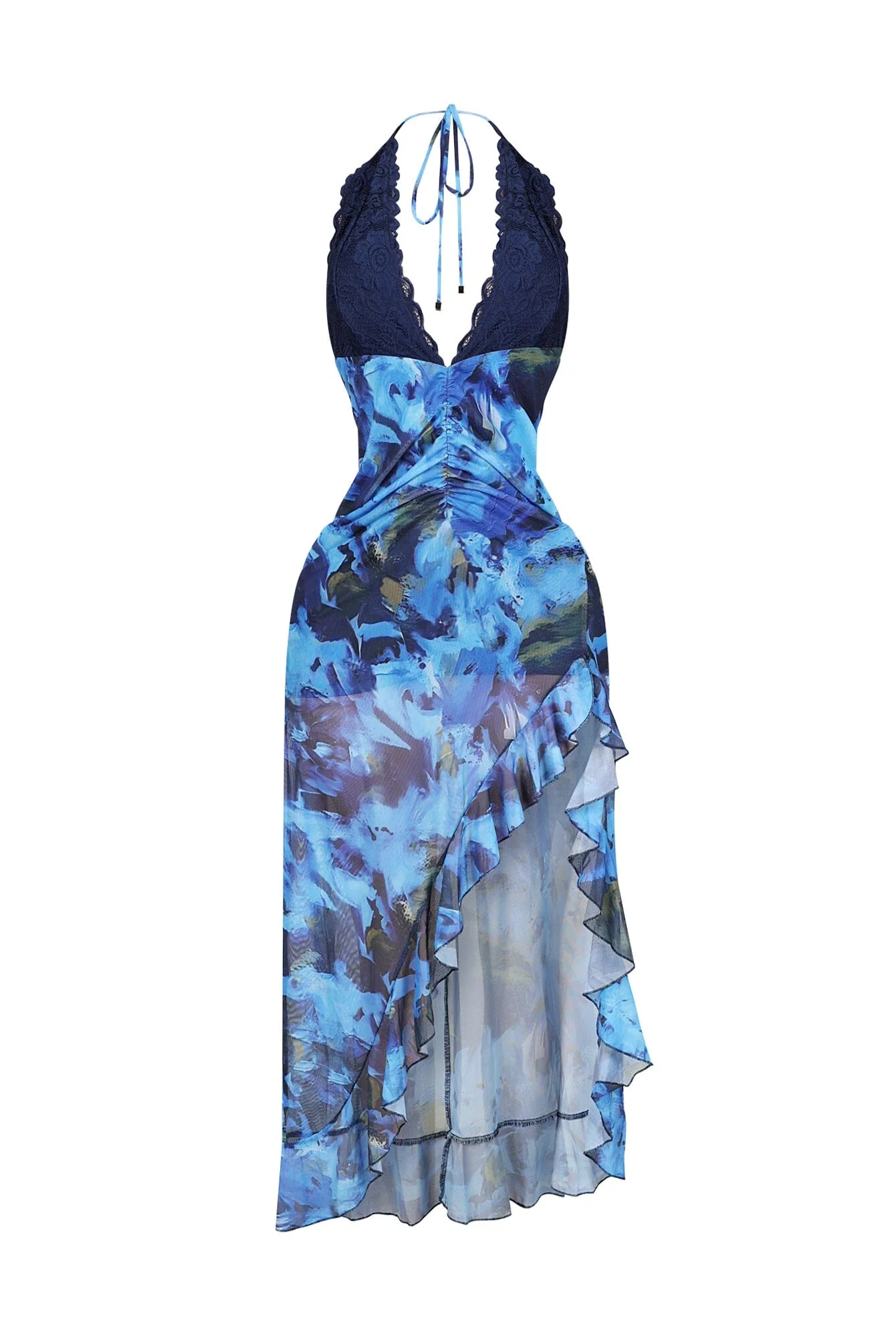 Fitted Mesh Printed Halter Maxi Dress - Image 3
