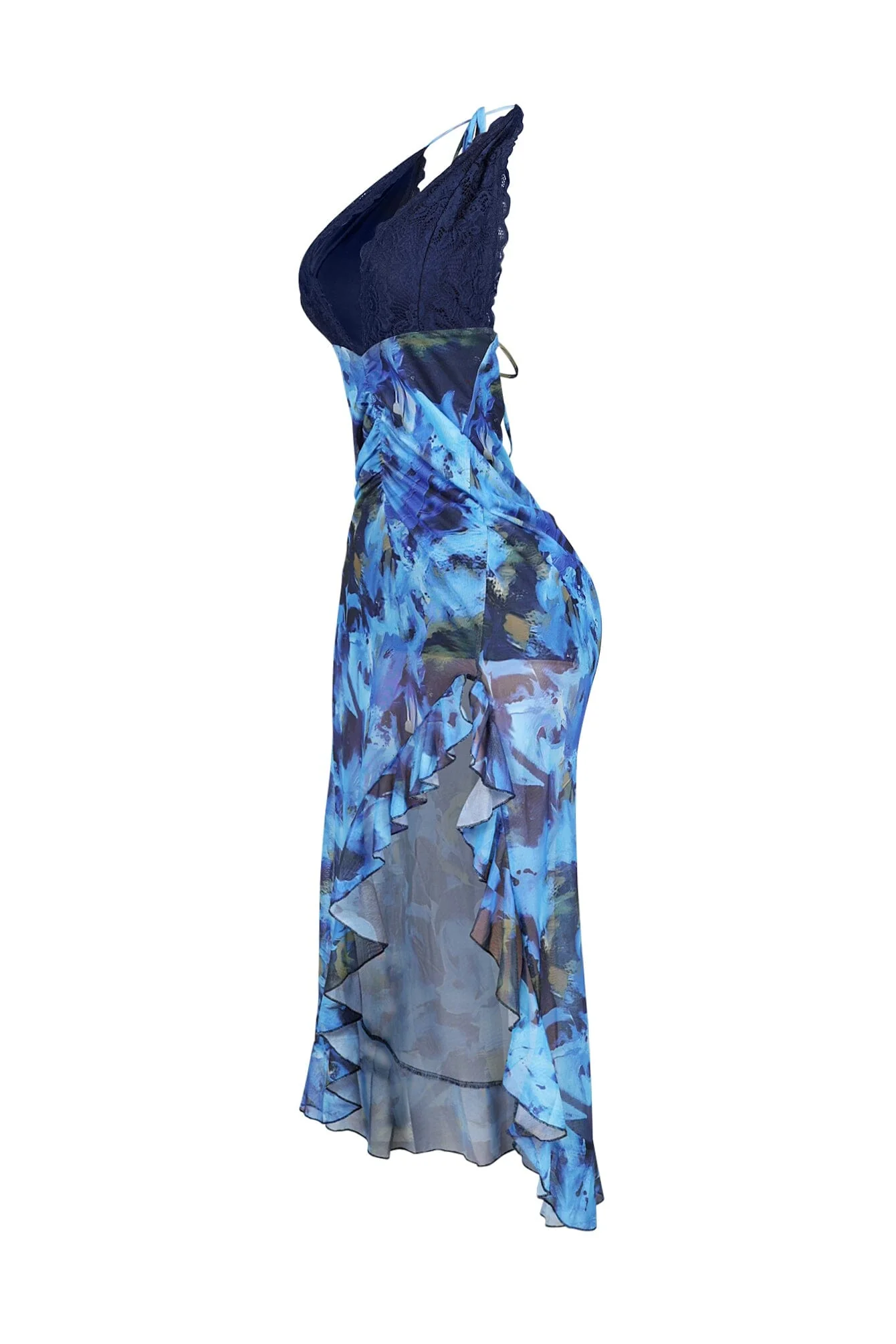 Fitted Mesh Printed Halter Maxi Dress - Image 4