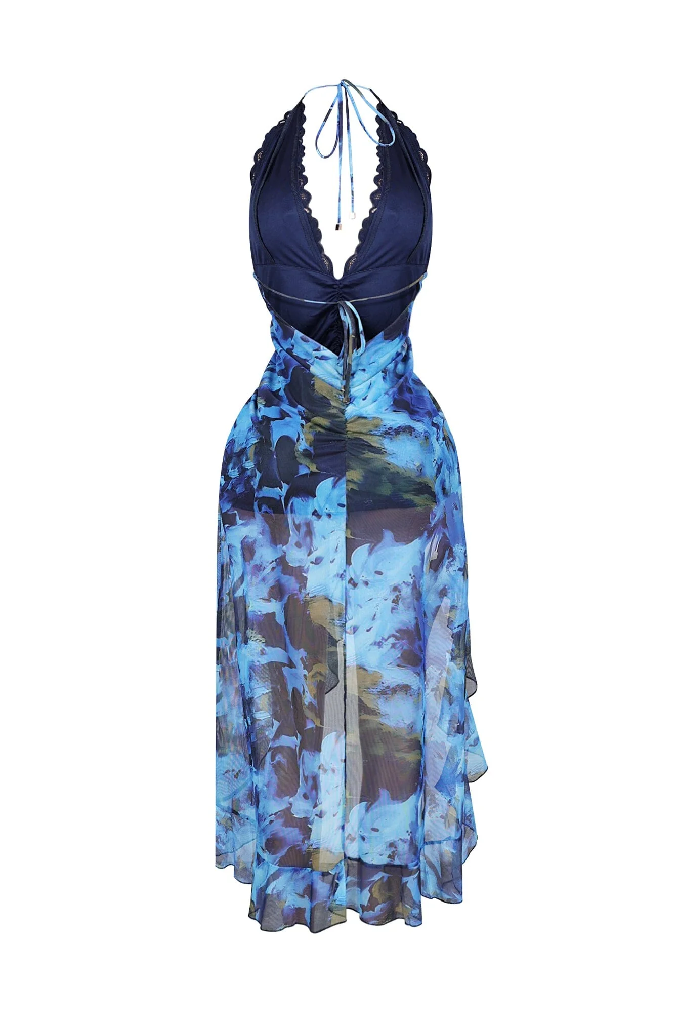 Fitted Mesh Printed Halter Maxi Dress - Image 5