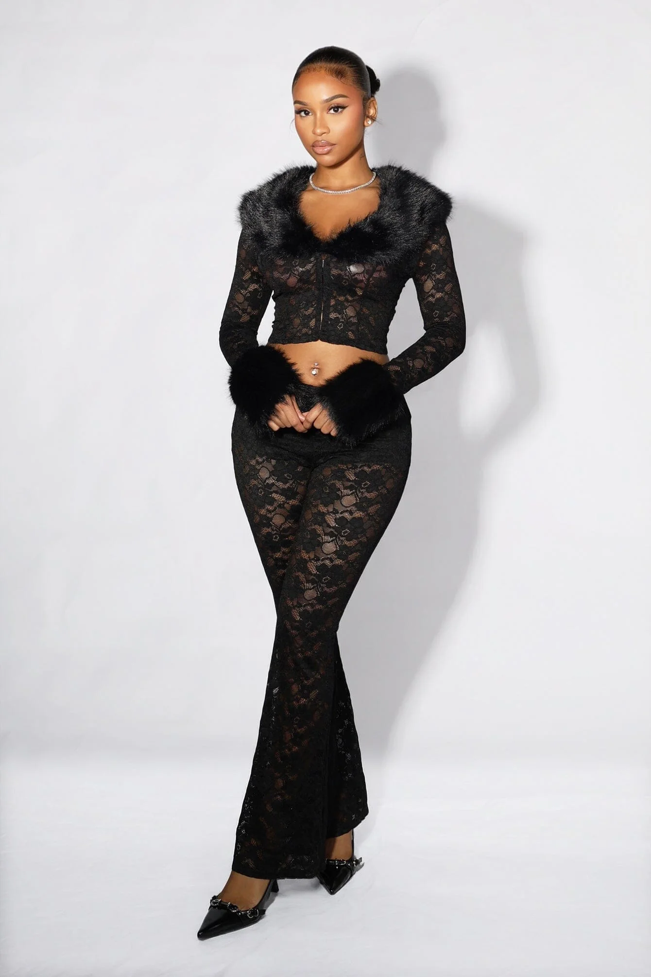 Frostbite Lace Fur Trim Top & Pants SET