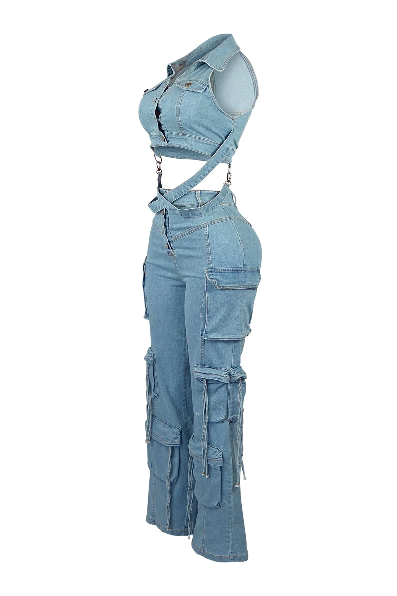 Get Goin Denim Cross Straps Vest & Pants SET - Image 4
