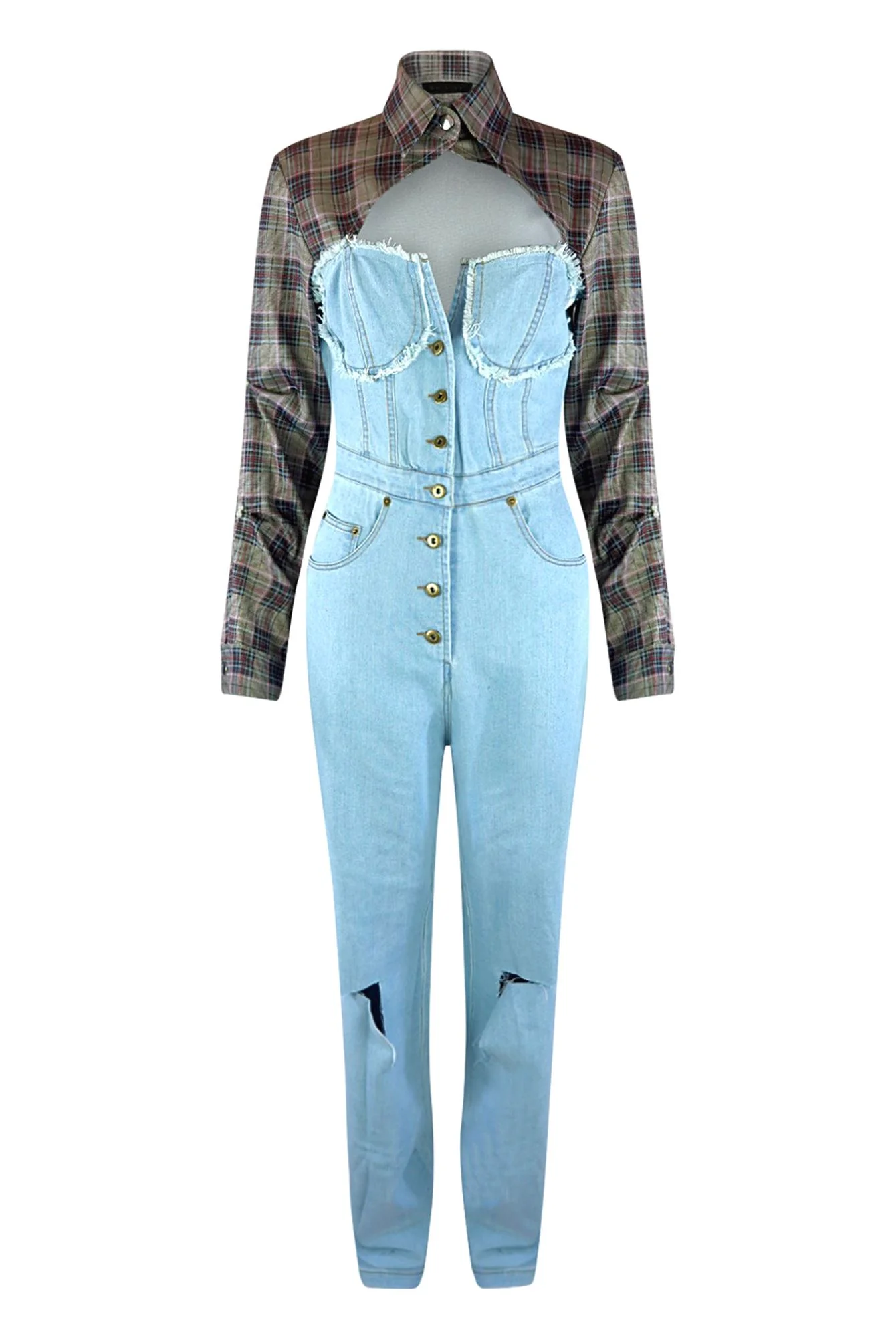 Giddy Up Plaid Shirt Denim Jumpsuit - Image 3