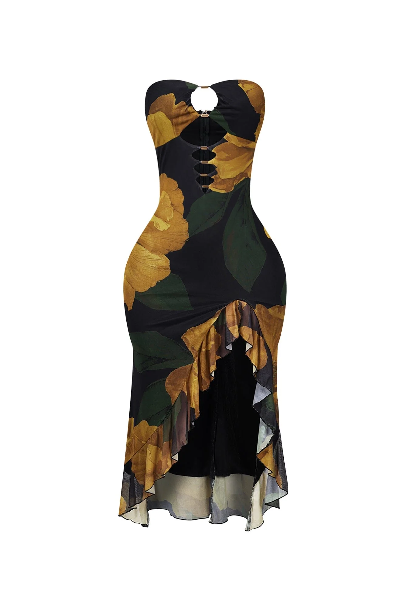 Golden Petal Ruffled Floral Tube Dress - Image 3