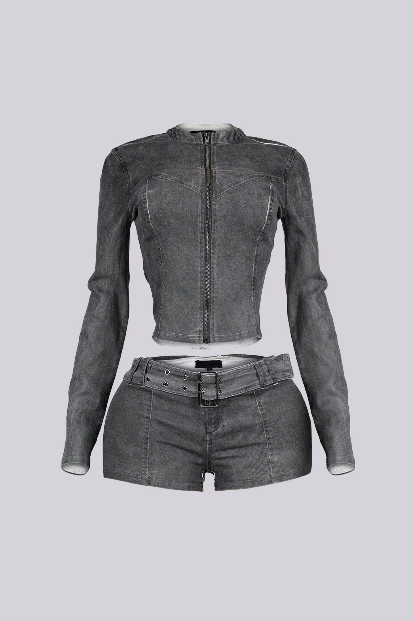 Koryn Washed Denim Zip Up Top & Shorts SET - Image 8