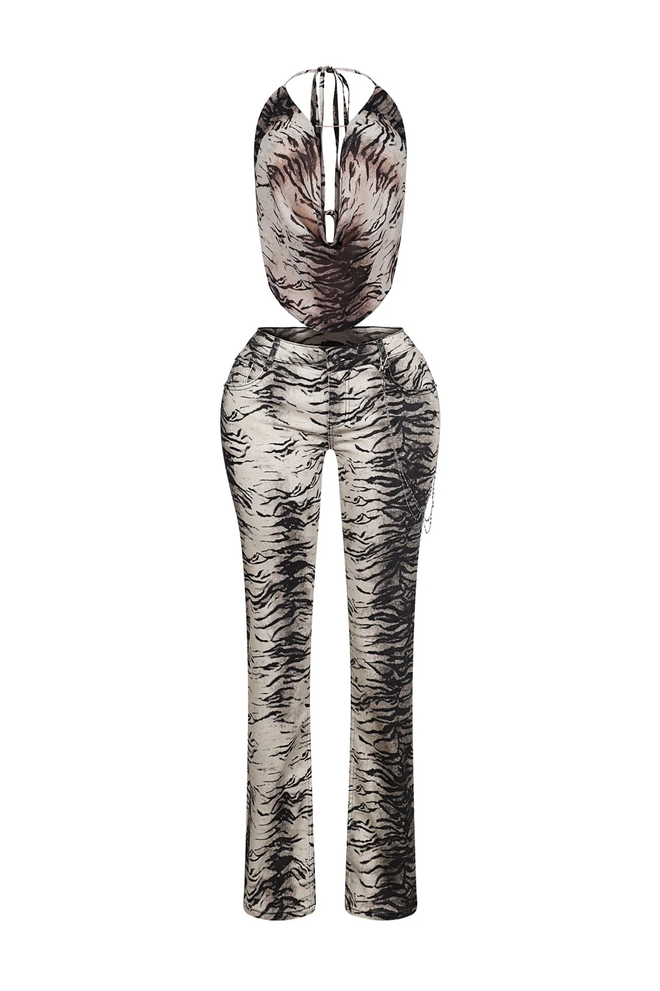 Lowen Zebra Print Halter Top & Denim Pants SET - Image 4