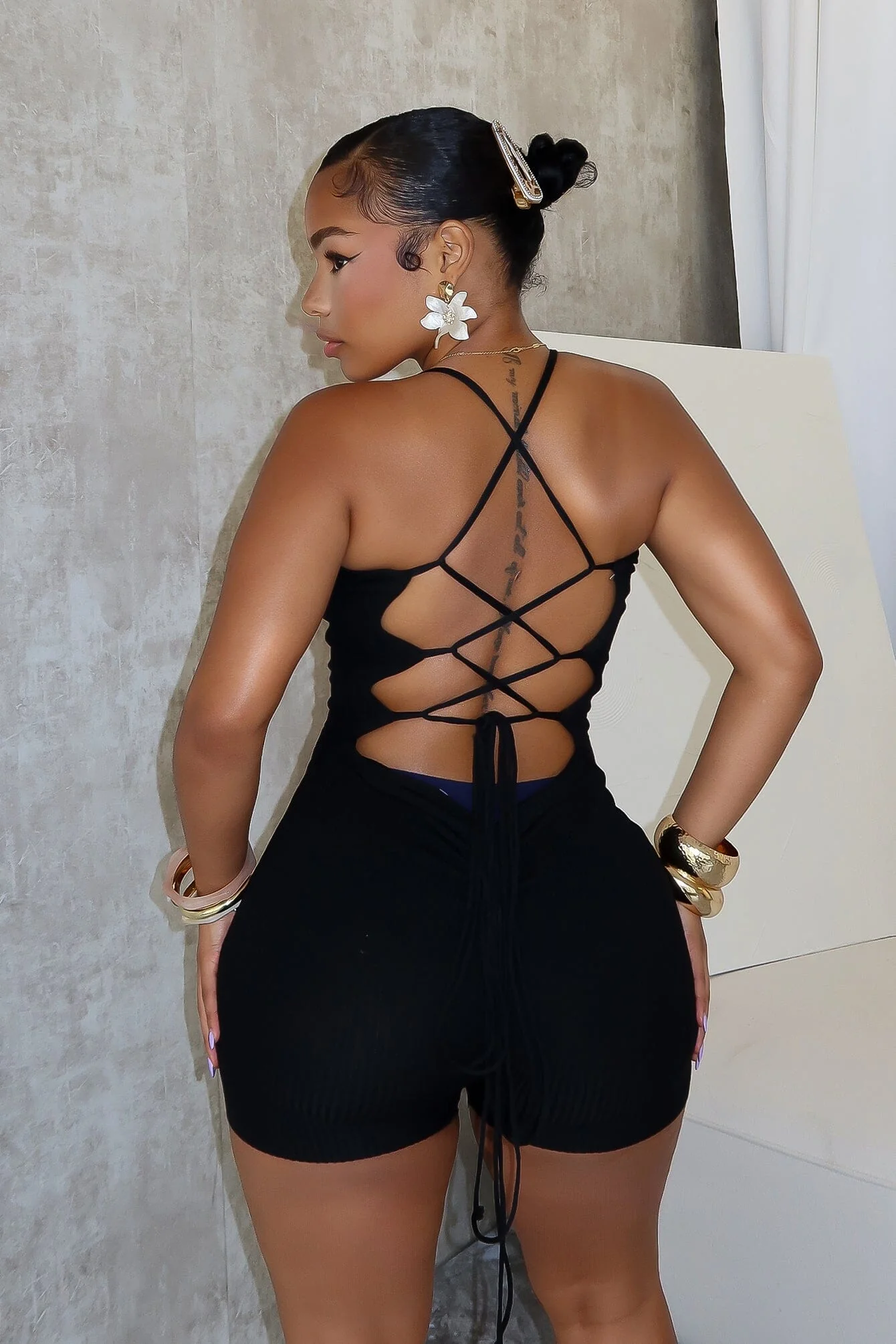 Marvin Double Straps Lace Up Knit Romper - Image 4
