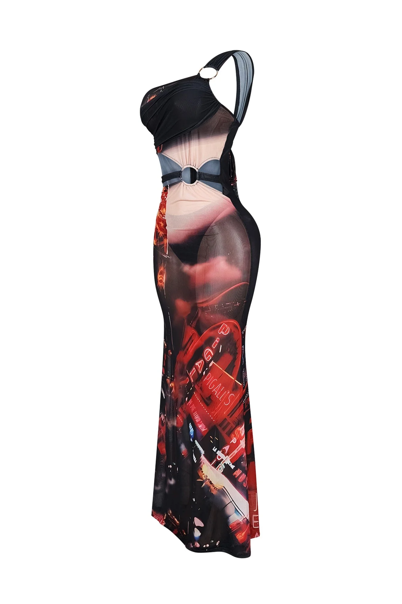 Metro Mesh Print One Shoulder Cutout Maxi Dress - Image 4