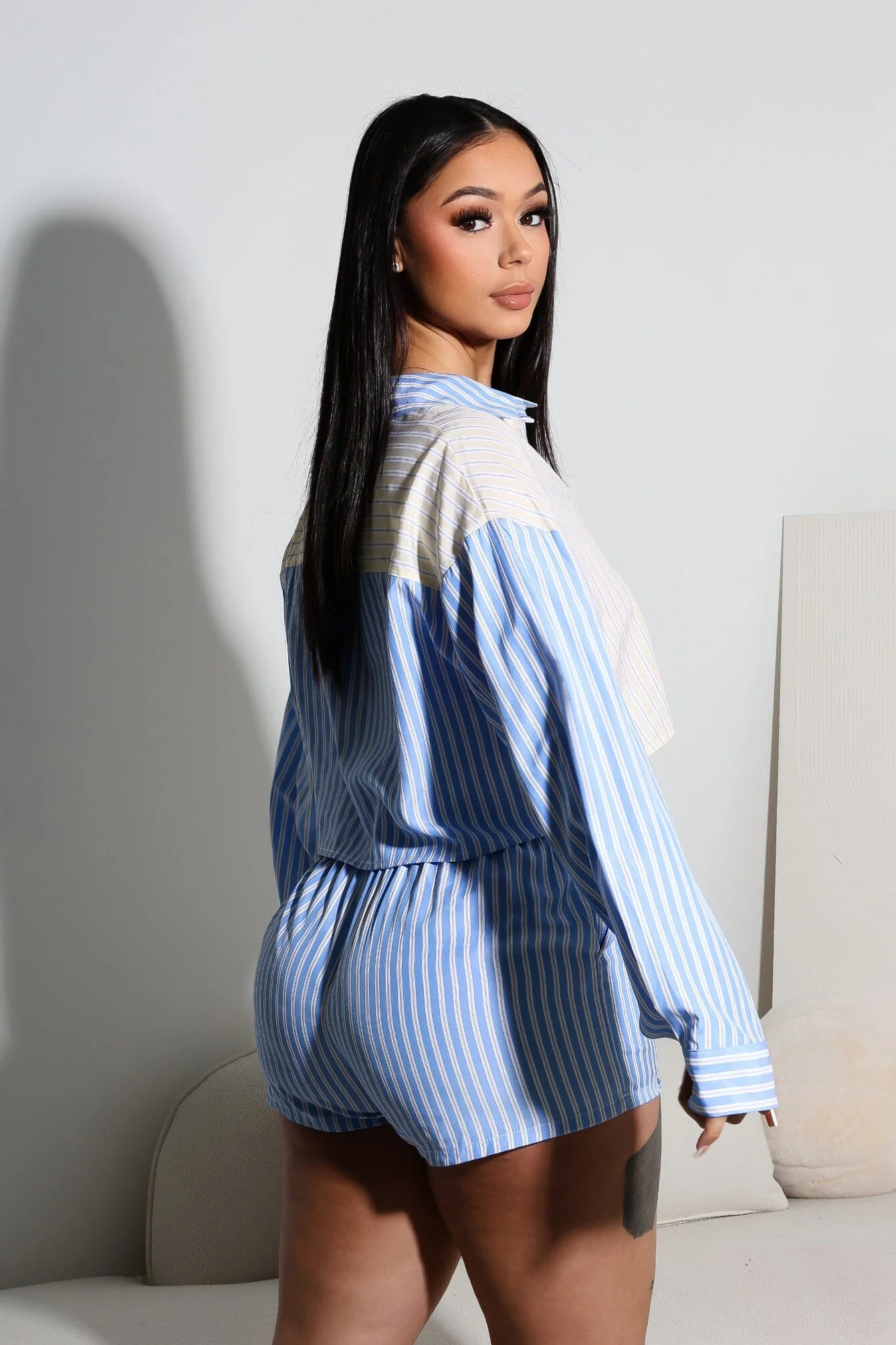 Nasia Pinstripe Poplin Boxer Top & Shorts SET - Image 2