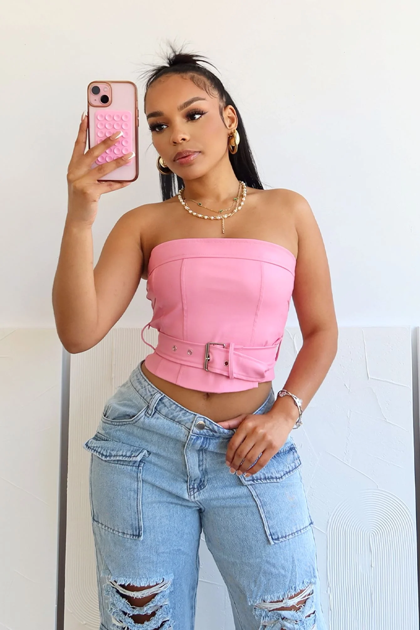 Only My Way Belted Tube PU Top - Image 2
