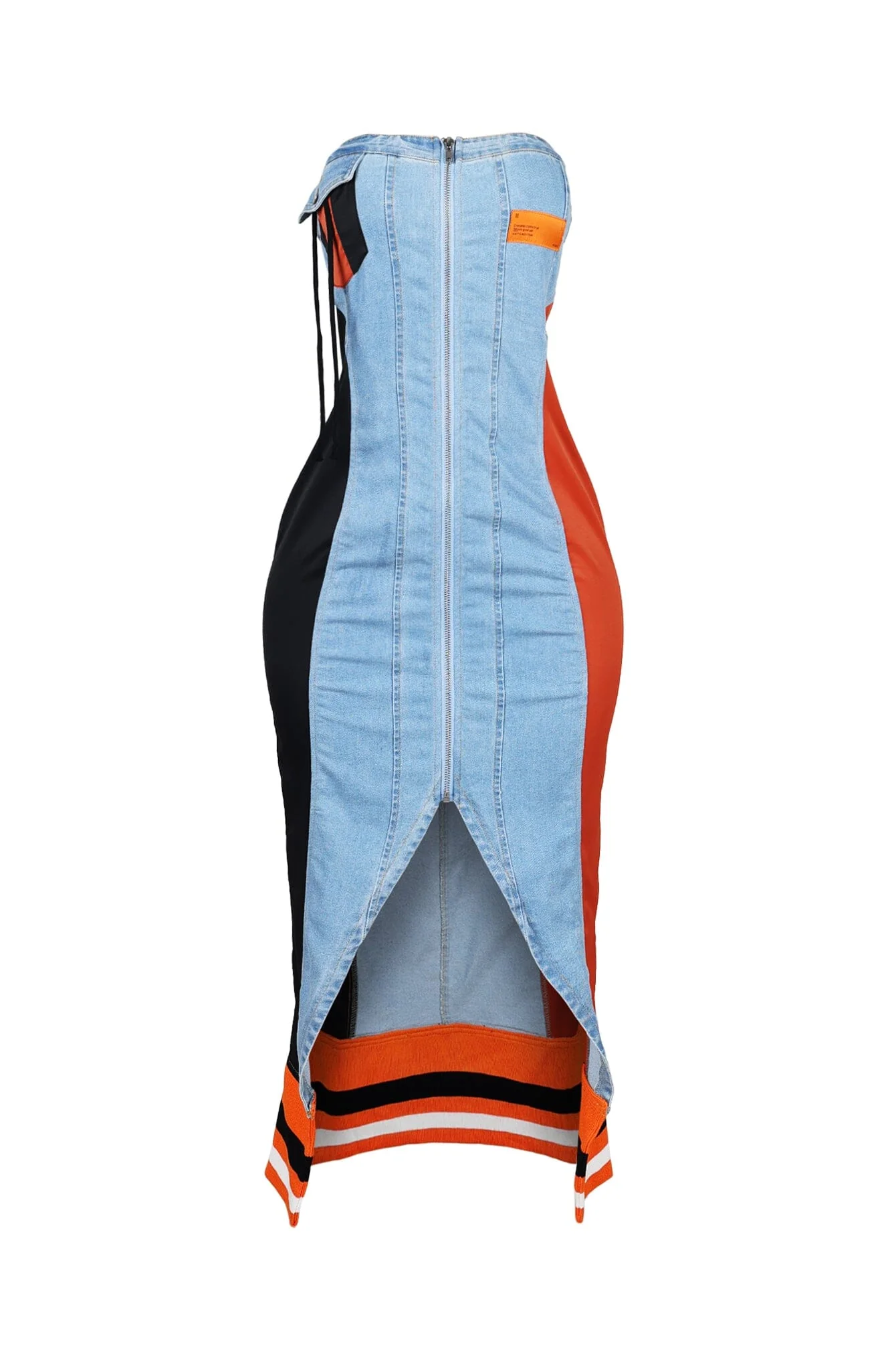 Raw Edge Color Blocked Denim Midi Dress - Image 3