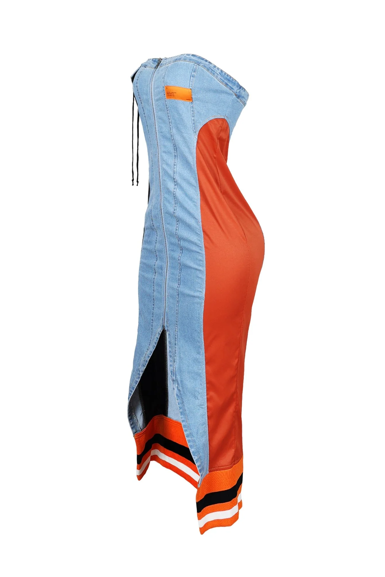 Raw Edge Color Blocked Denim Midi Dress - Image 4