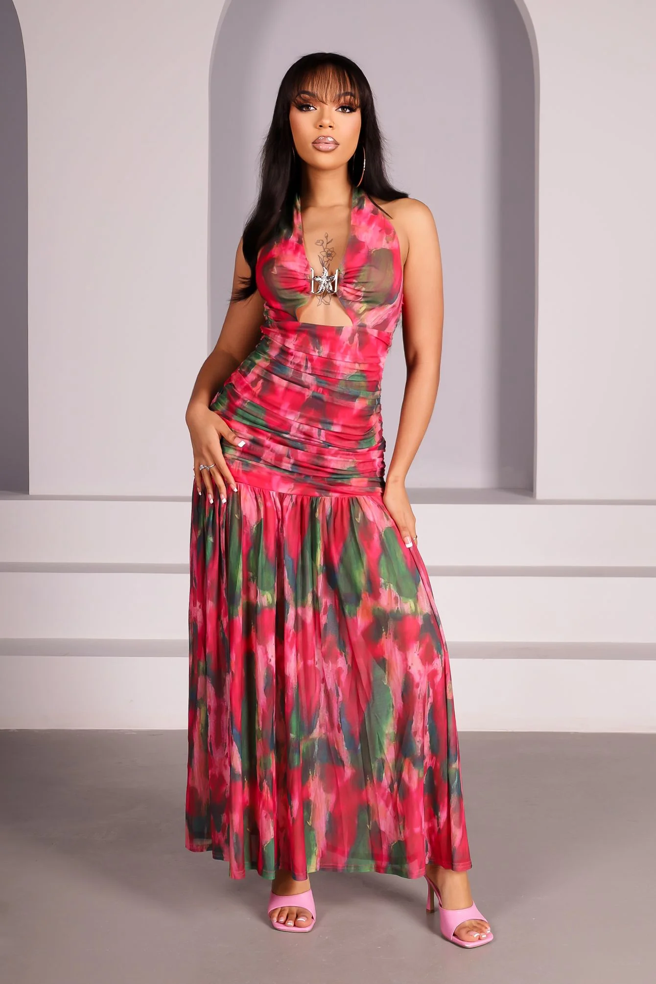 Red Mirage Mesh Maxi Dress