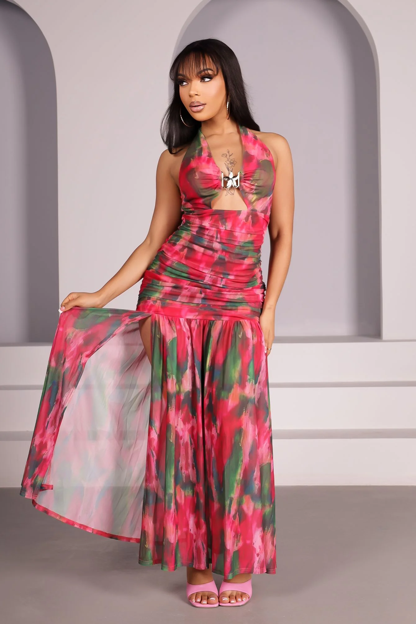Red Mirage Mesh Maxi Dress - Image 3